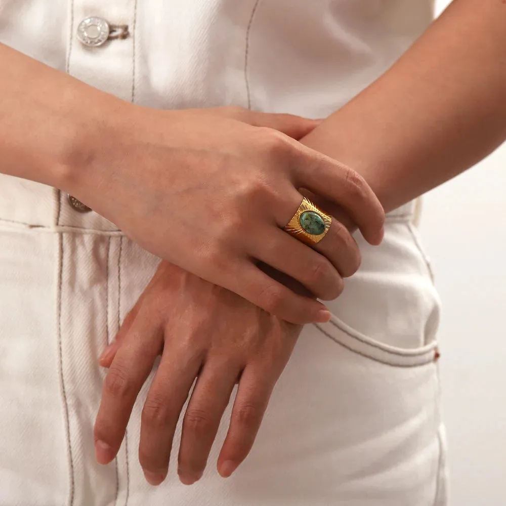 18K Gold Plated Turquoise Stone Stainless Steel Adjustable Waterproof Ring