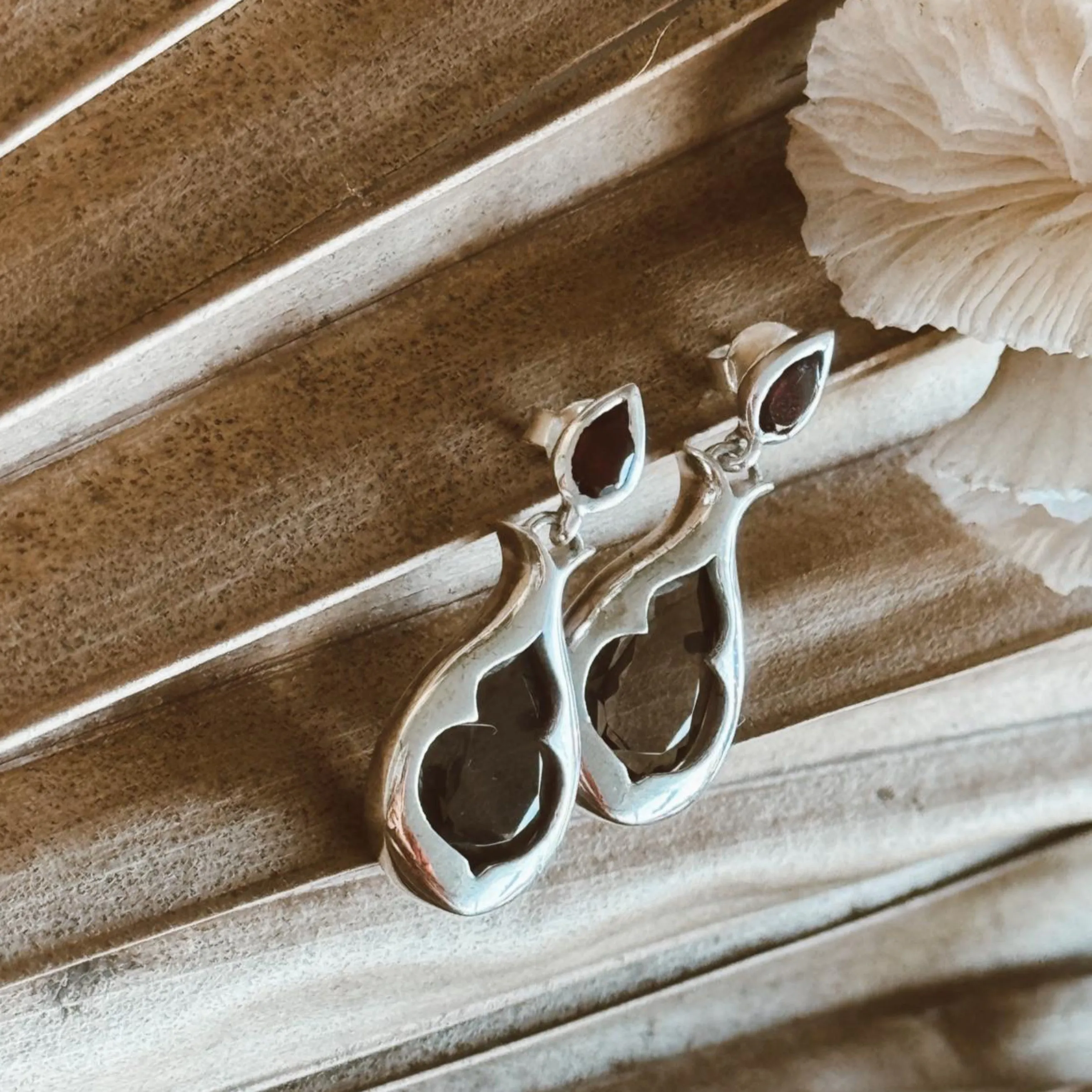 Aurelia Earrings - Smokey Quartz and Garnet