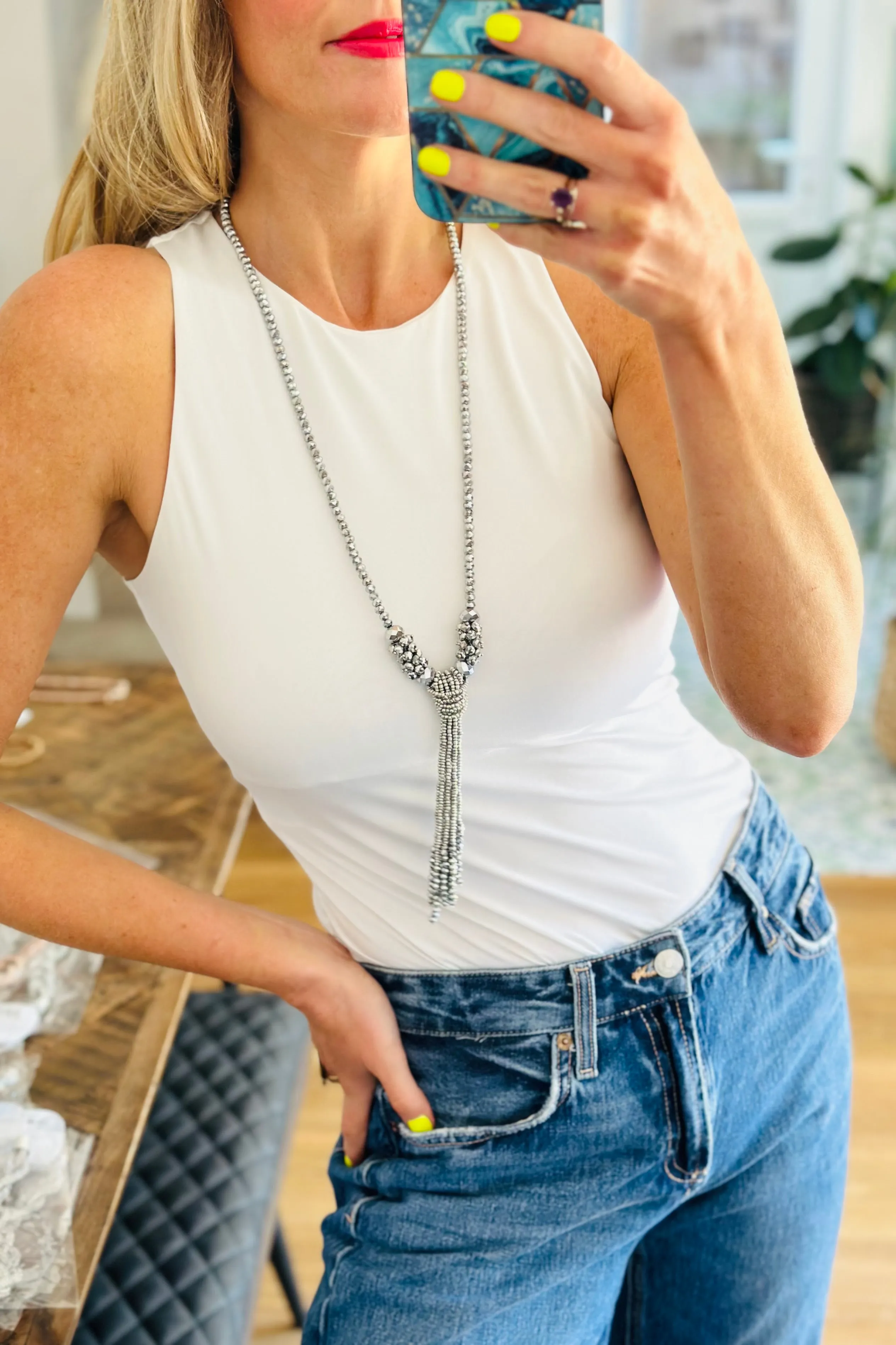 Beaded Silver Tassel Necklace