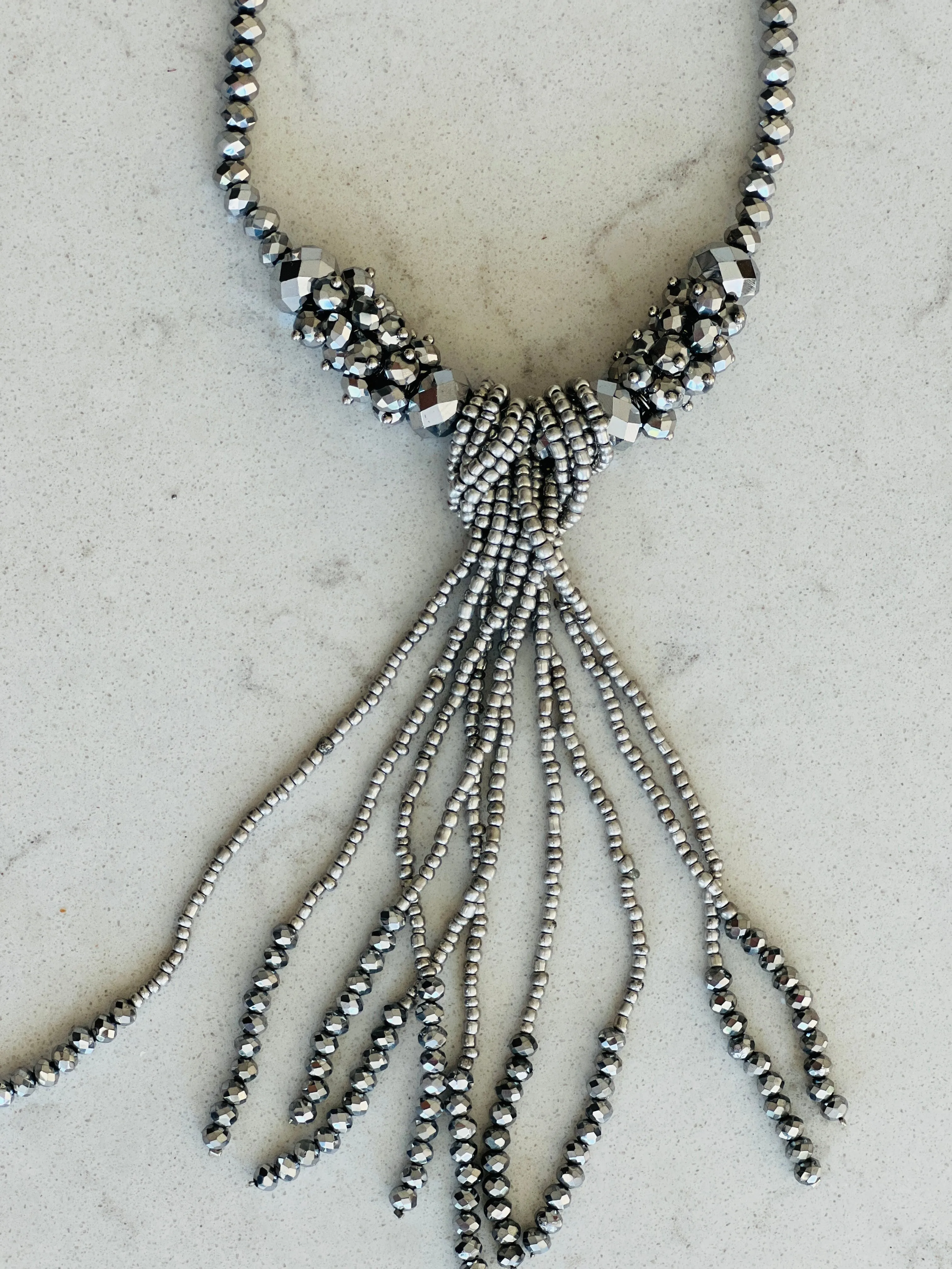 Beaded Silver Tassel Necklace