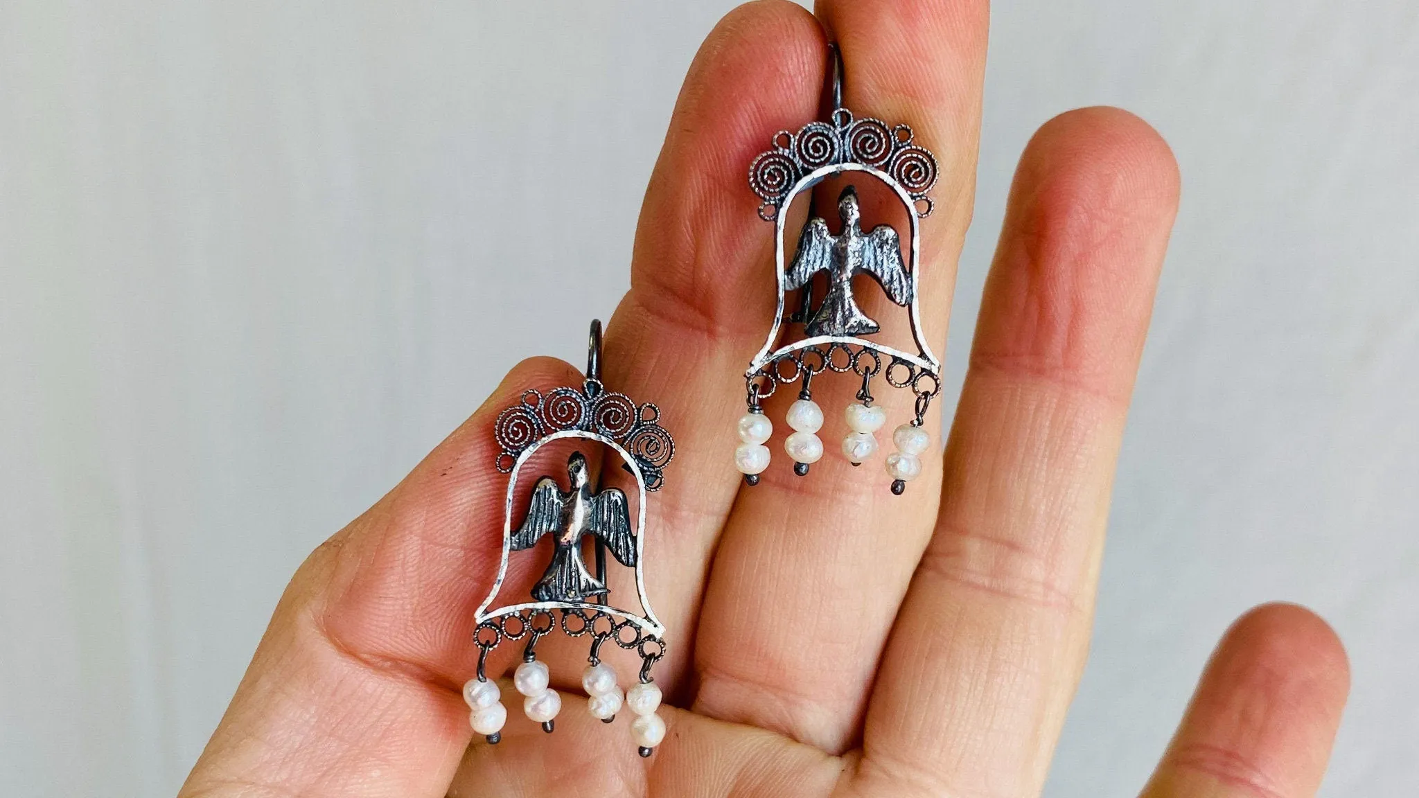 Bird Filigree and Pearls Earrings. Mexico. Sterling Silver.