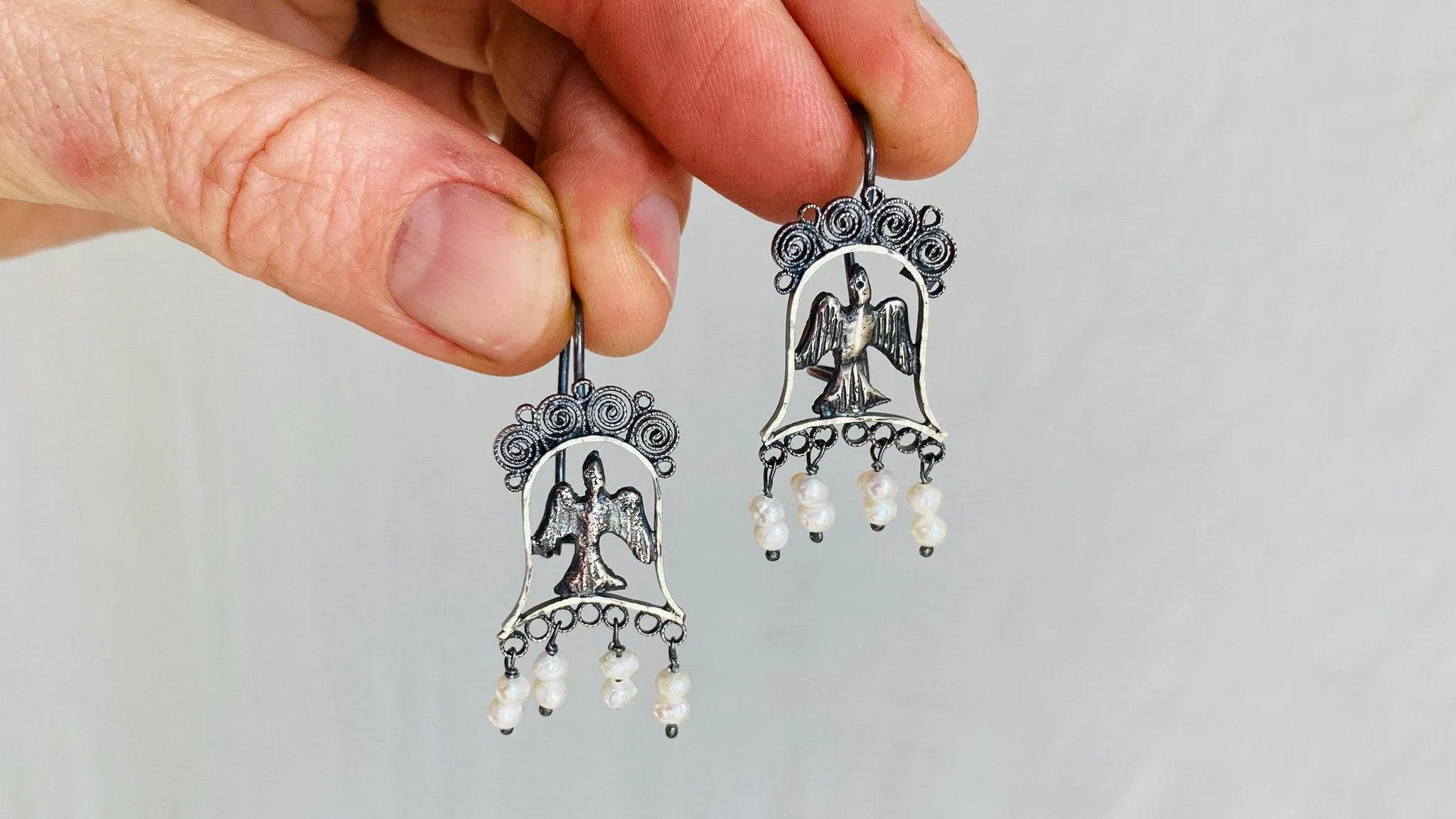 Bird Filigree and Pearls Earrings. Mexico. Sterling Silver.