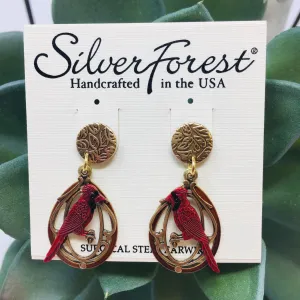 Cardinal on Filigree Teardrop Earrings