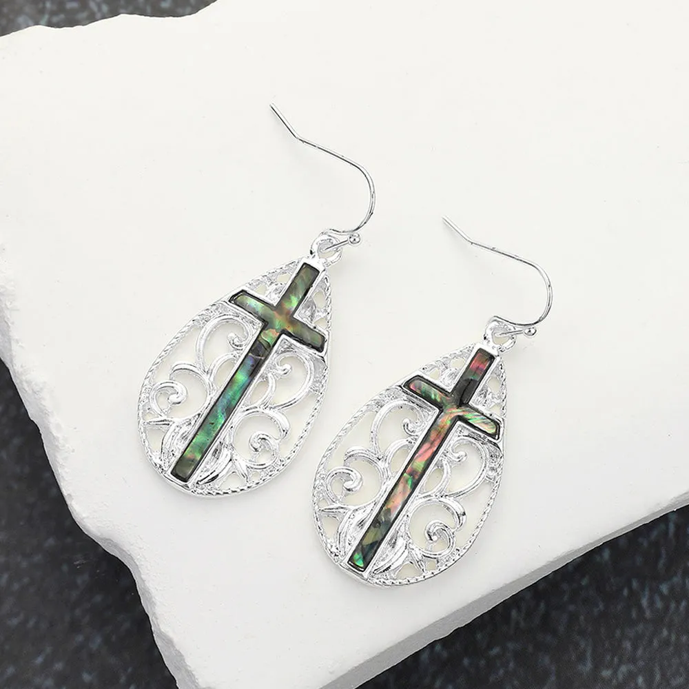 Cross Centered Filigree Teardrop Dangle Earrings (Silver & Gold)