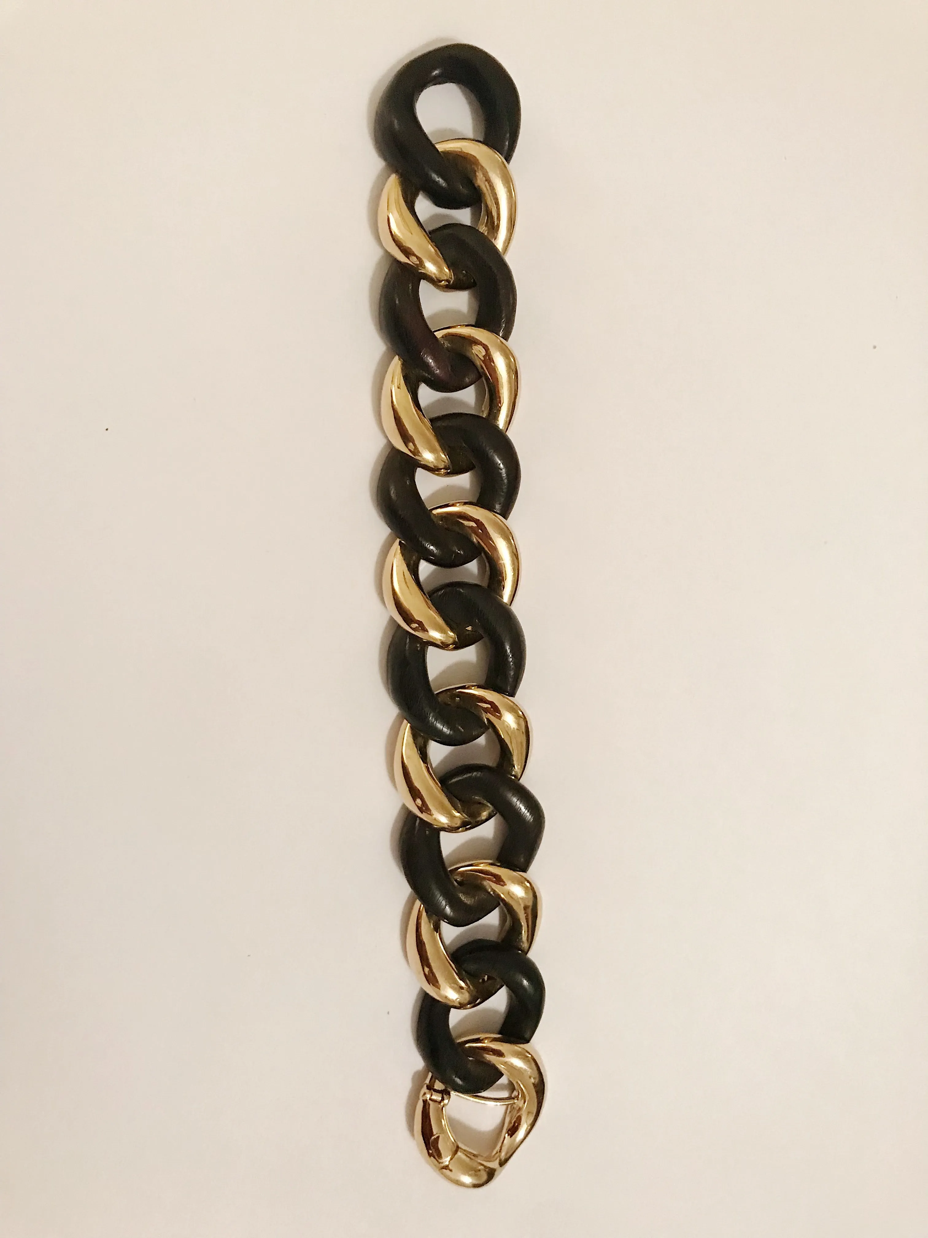 Elegant Alternating Yellow Gold and Ebony Wood Curved Link Bracelet
