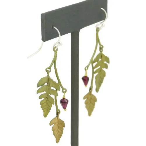 Fern Double Leaf Earrings with Garnet by Michael Michaud 3180