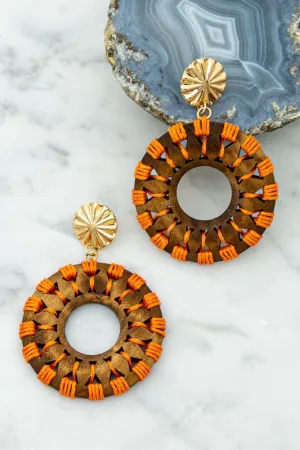 Filigree Wood Hoop With Orange Cord Woven Earrings