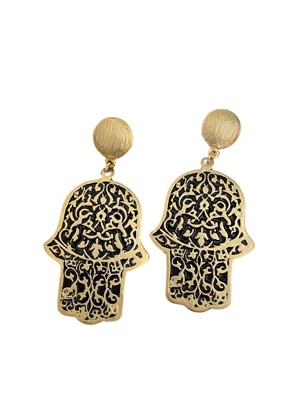 Gold-plated Turkish Dangle Earrings - Handmade Fatima Hand  Hamsa Design