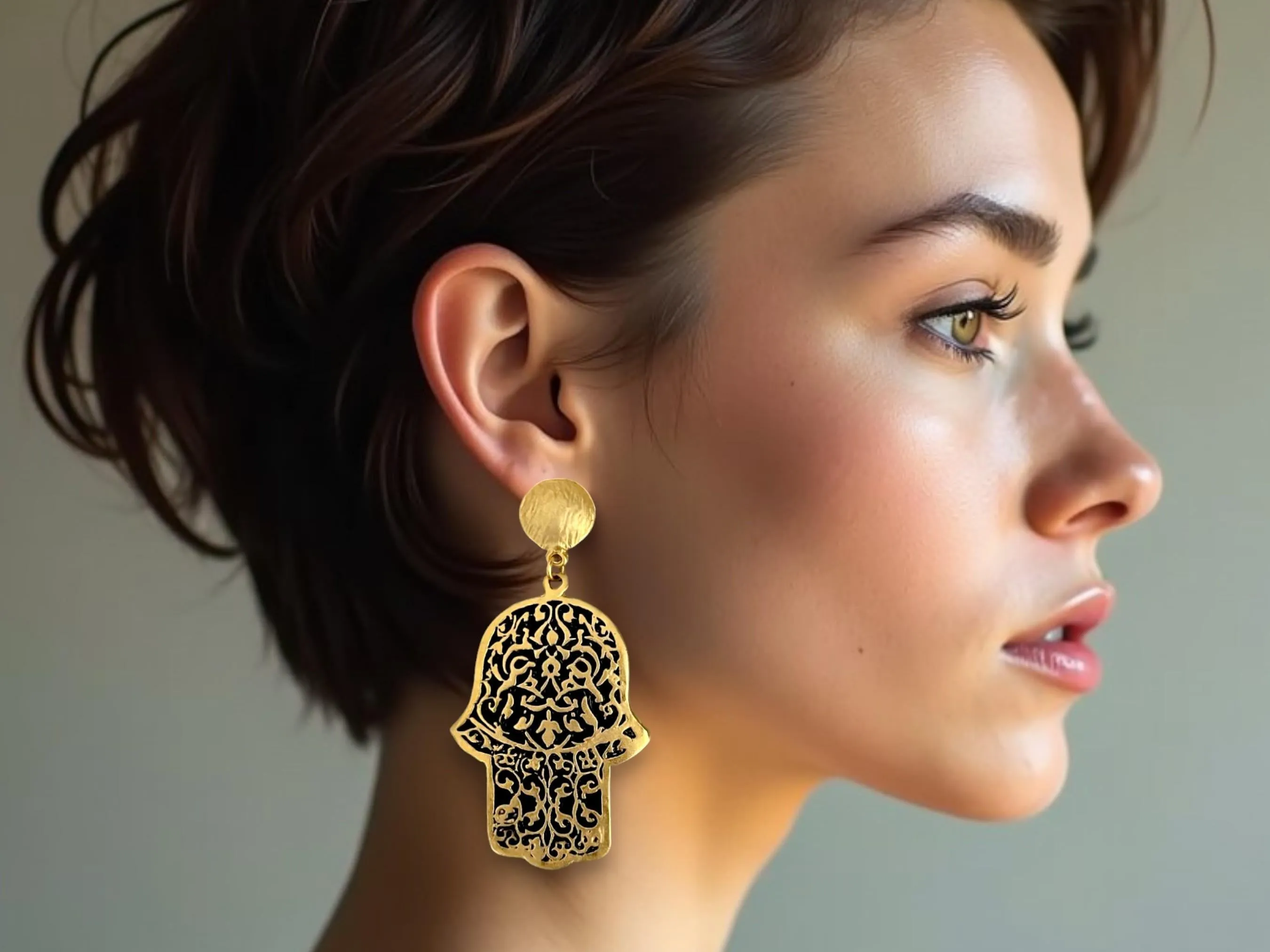 Gold-plated Turkish Dangle Earrings - Handmade Fatima Hand  Hamsa Design