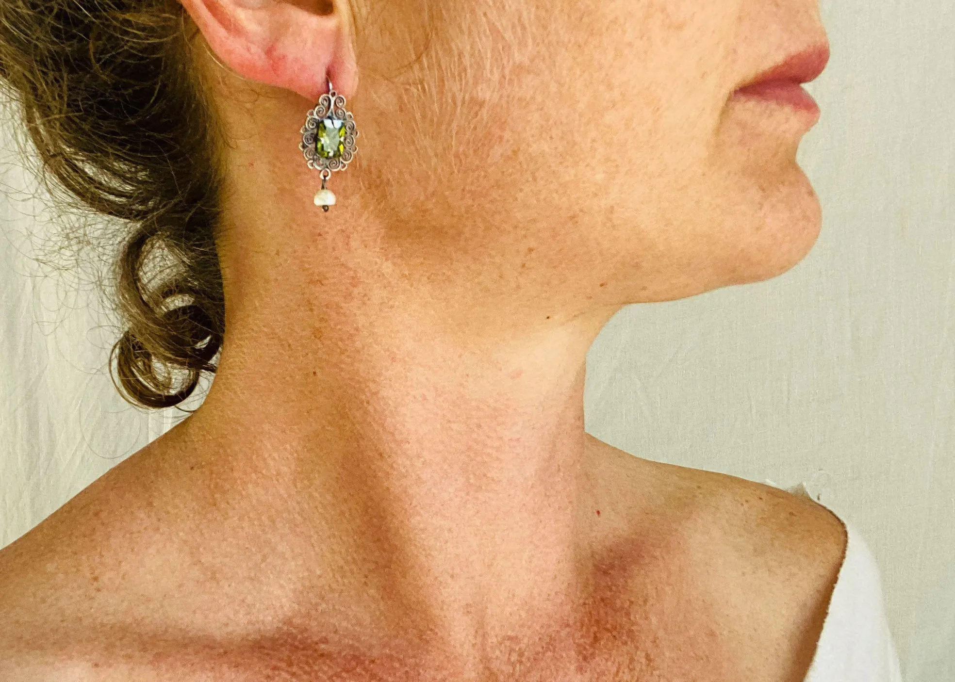 Green Glass Filigree Earrings. Sterling Silver Earrings.