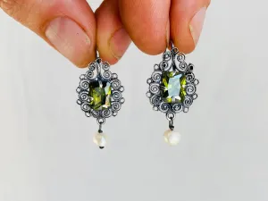 Green Glass Filigree Earrings. Sterling Silver Earrings.