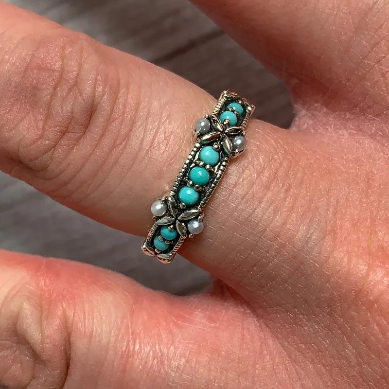 Jane Austen Ring - Silver, Turquoise & Freshwater Pearl