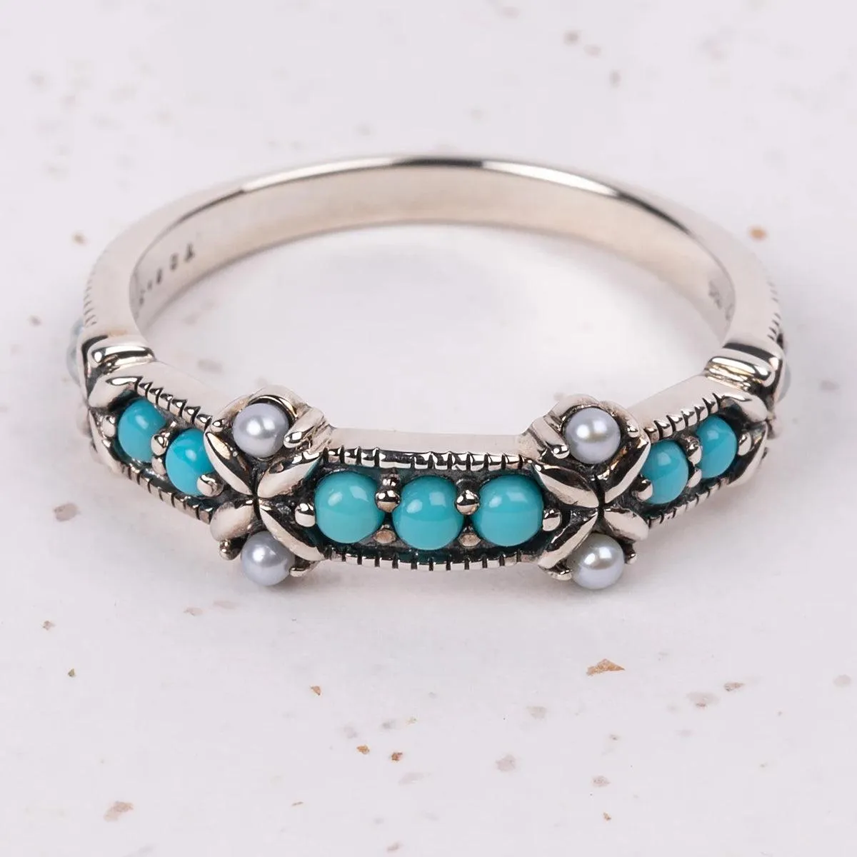 Jane Austen Ring - Silver, Turquoise & Freshwater Pearl