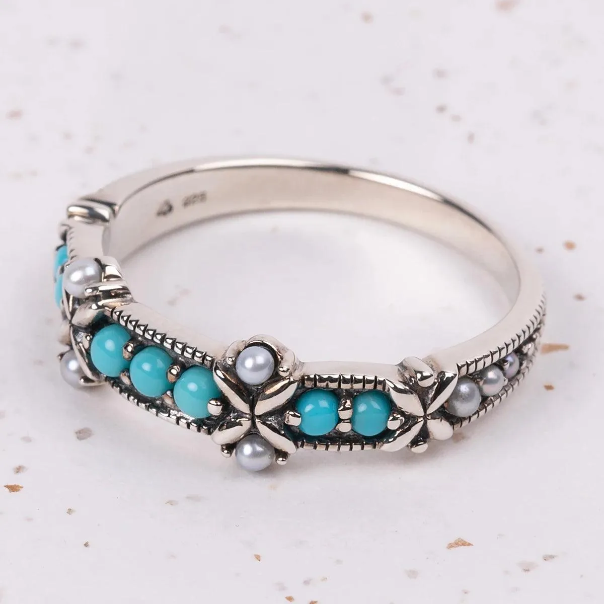 Jane Austen Ring - Silver, Turquoise & Freshwater Pearl