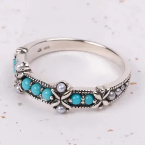 Jane Austen Ring - Silver, Turquoise & Freshwater Pearl