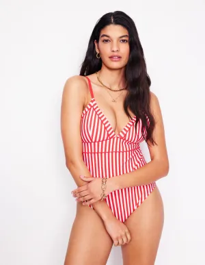 Kasos String V Neck Swimsuit-Coral Punch/ Ivory Stripe