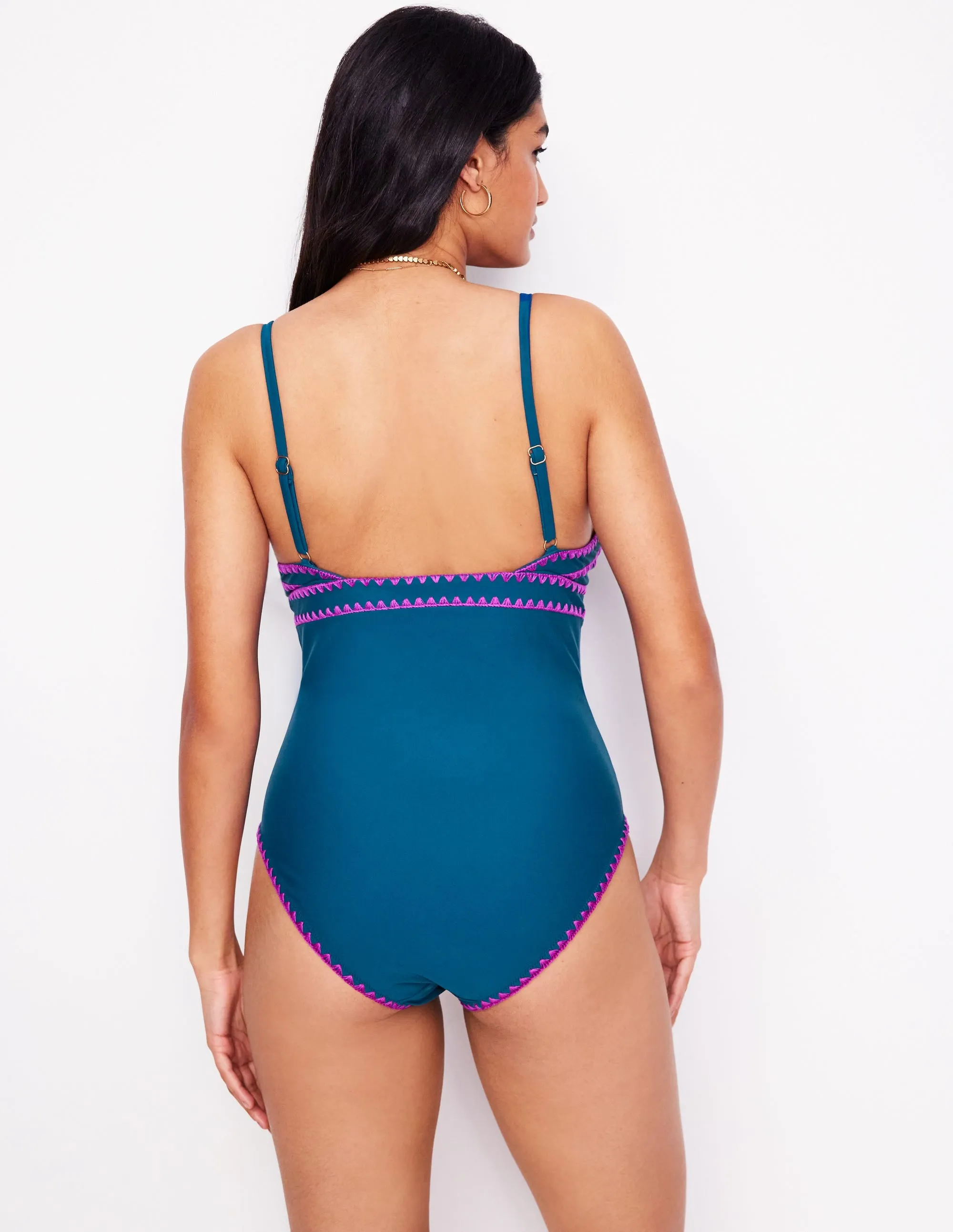 Kasos String V Neck Swimsuit-Oceanside, Very Fuchsia