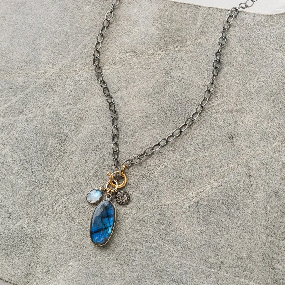 Labradorite Oval Necklace with Moonstone and Diamond Disc