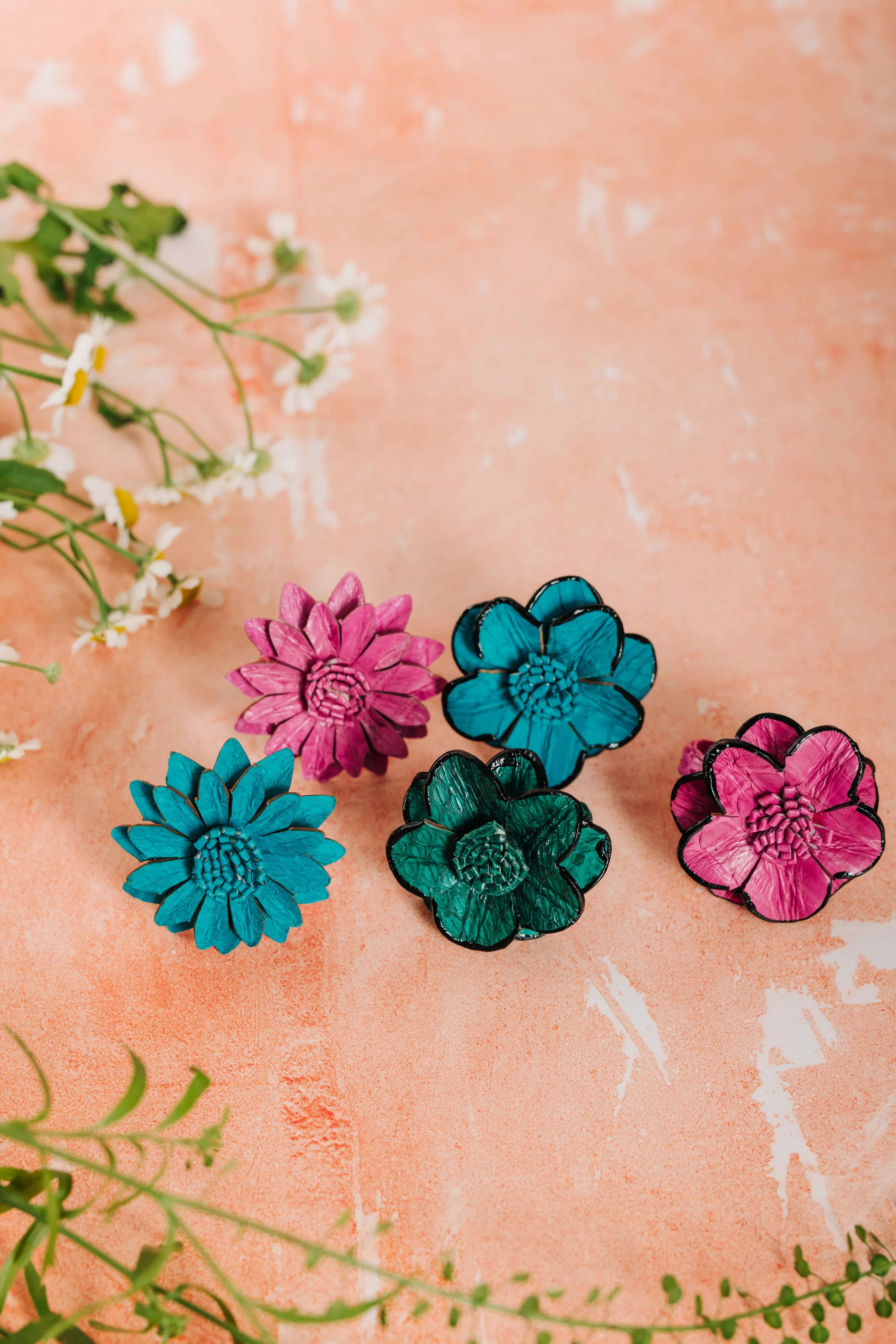 Leather Adjustable Sunflower Ring - Turquoise (RING 105)