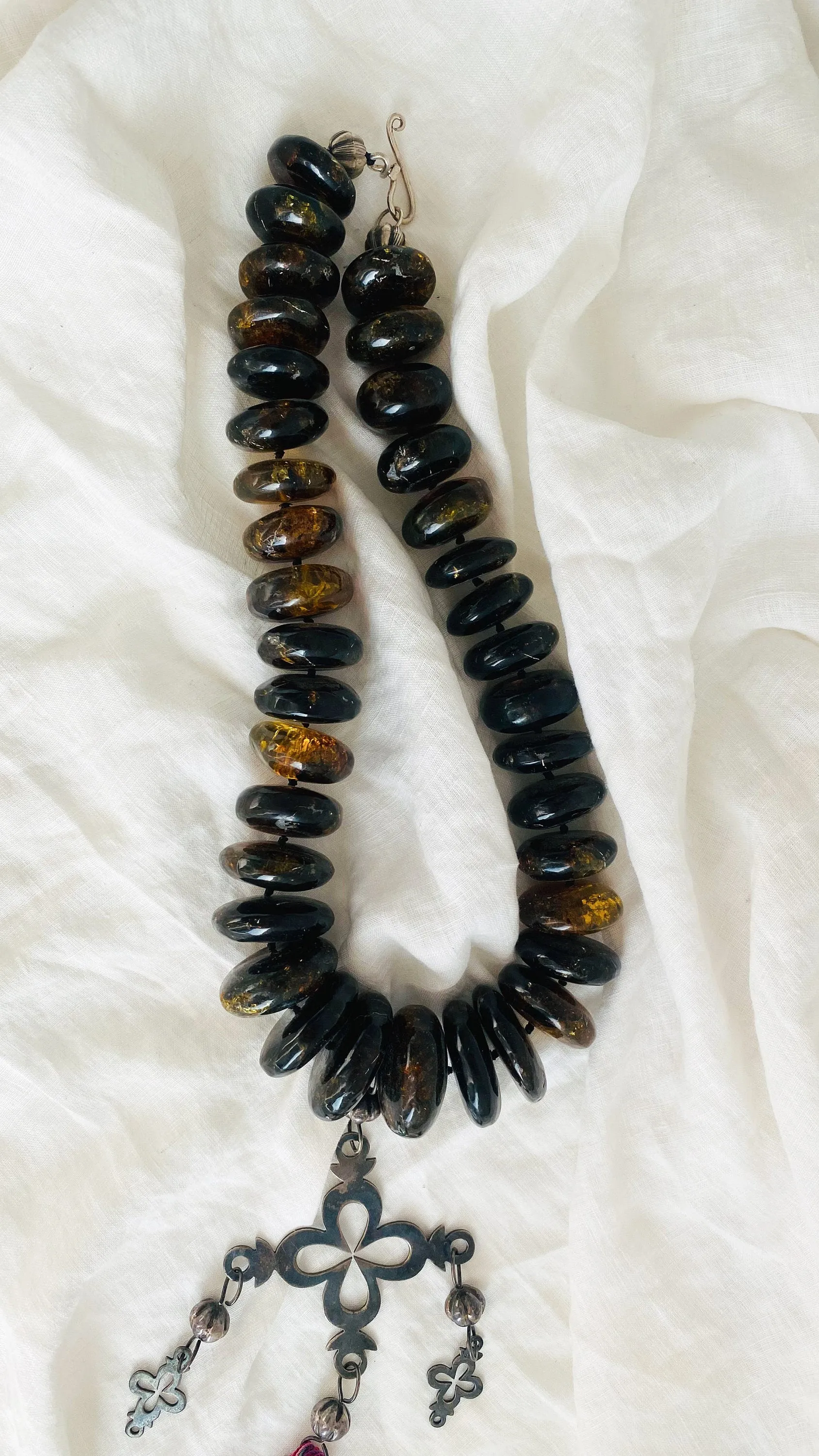 Mexican Amber and Silver Yalalag Cross Necklace! IN COMPLIANCE with Etsy regulations.