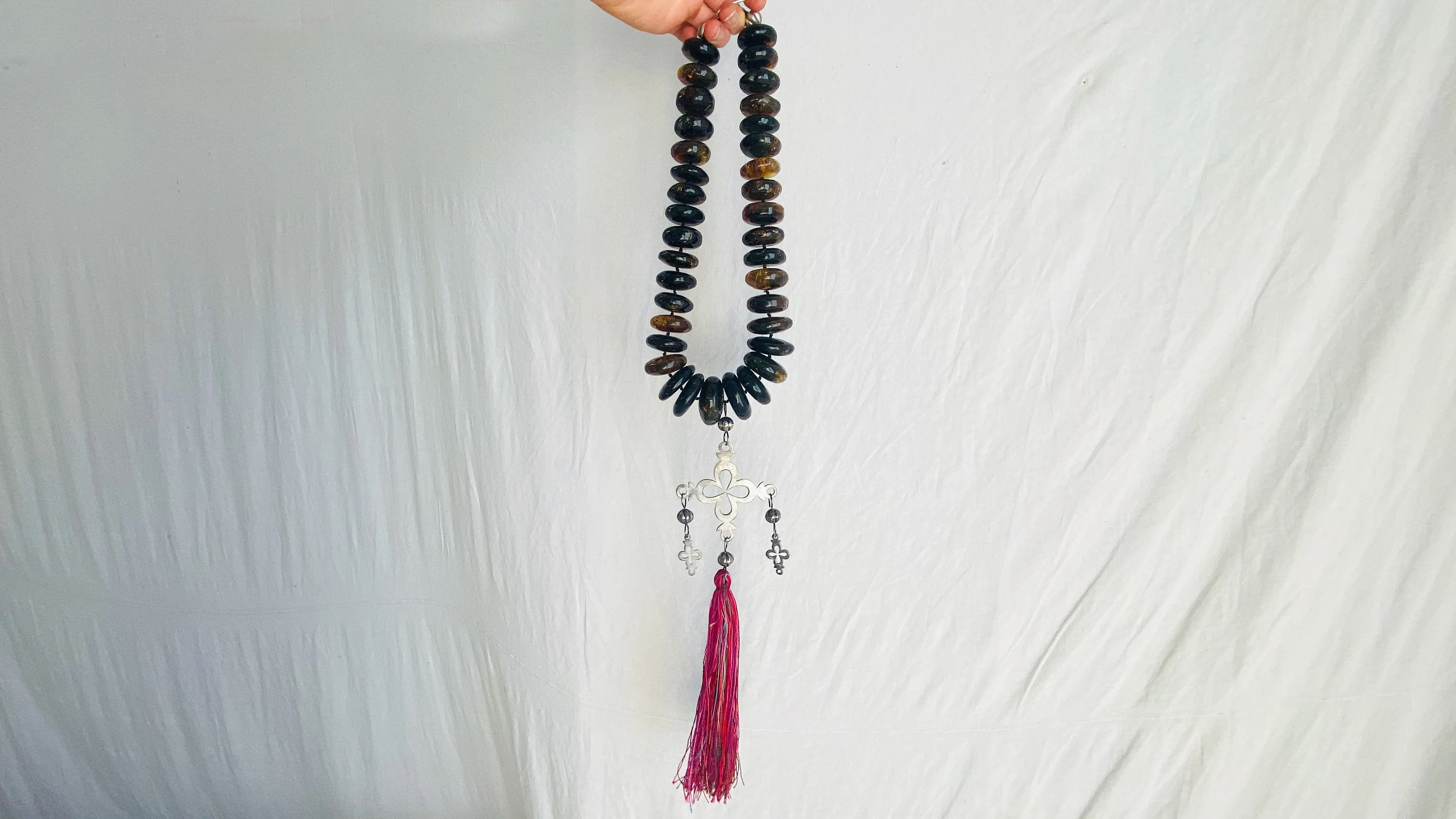 Mexican Amber and Silver Yalalag Cross Necklace.