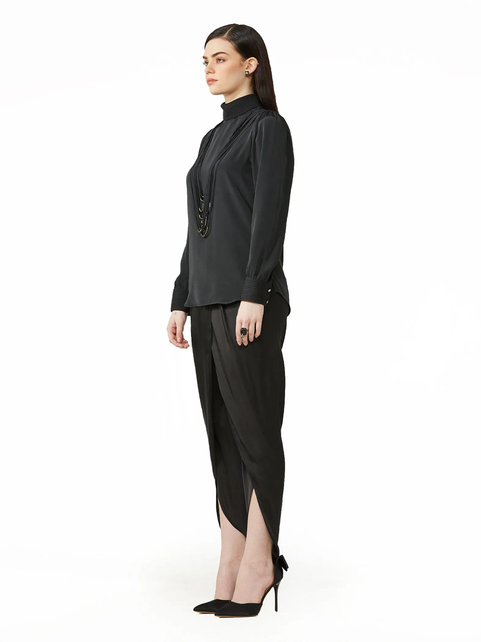 Mock Neck Blouse With Necklace Detail