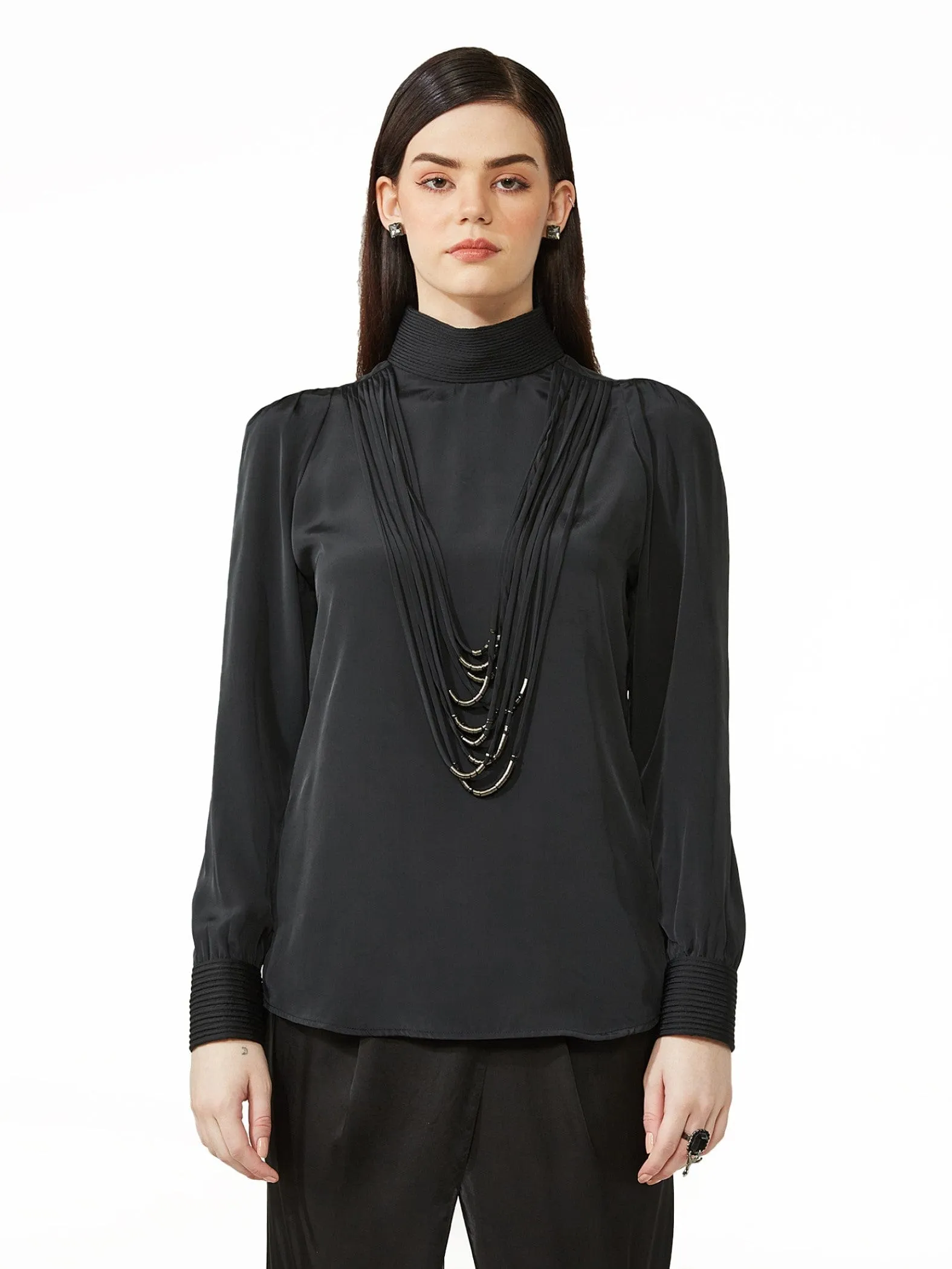 Mock Neck Blouse With Necklace Detail