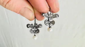 Oaxacan Filigree Earrings. Pearl & Silver. Butterflies. Mexico. Frida Kahlo. 4179