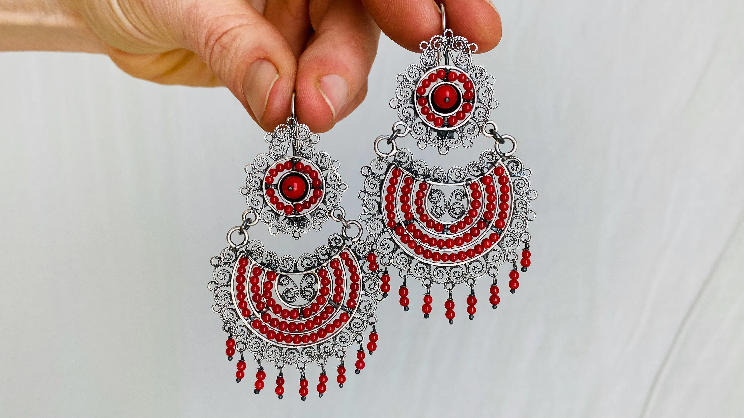 Oaxacan Filigree Earrings. Red Coral. Sterling Silver. Mexico. Frida Kahlo