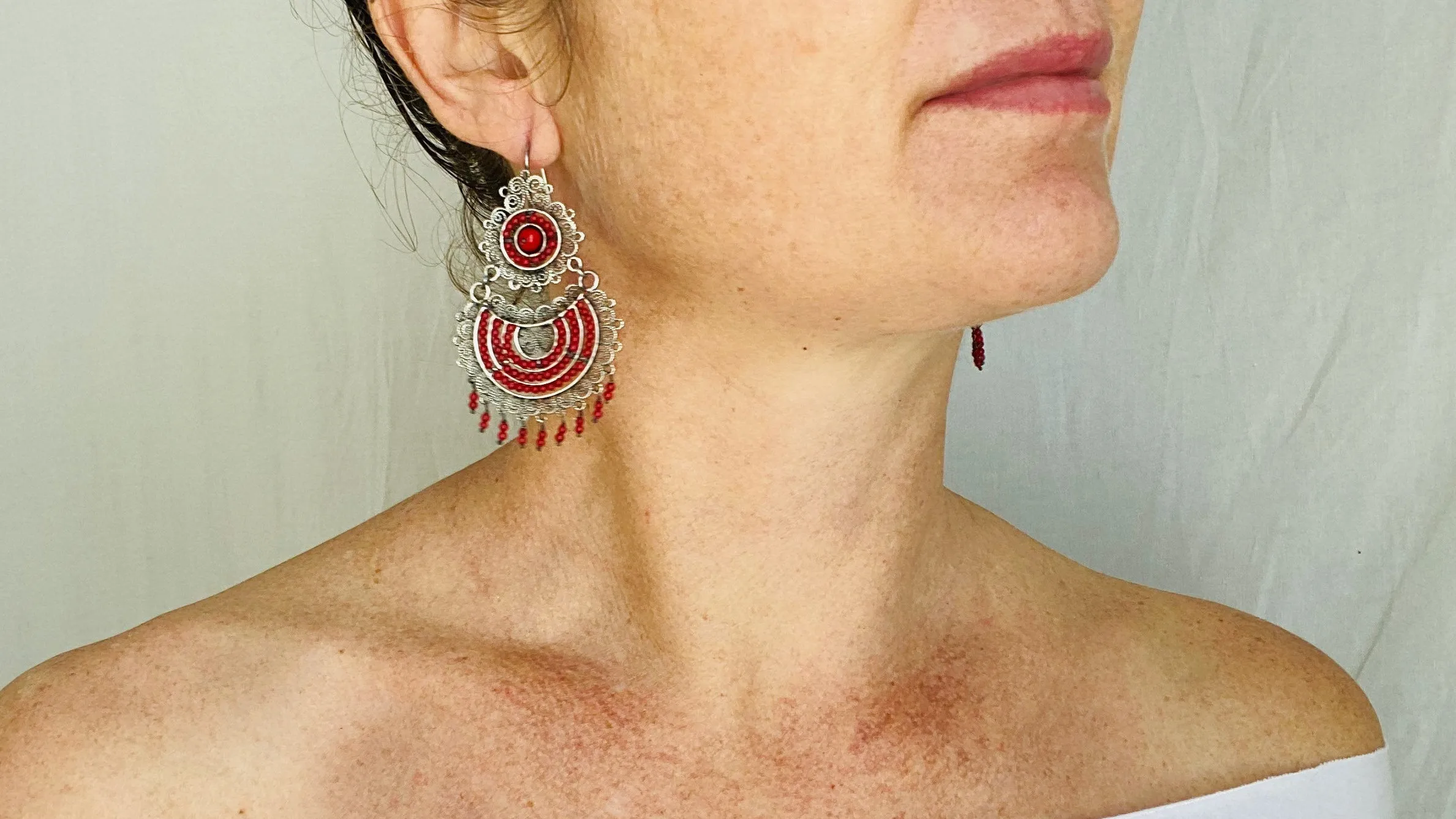 Oaxacan Filigree Earrings. Red Coral. Sterling Silver. Mexico. Frida Kahlo