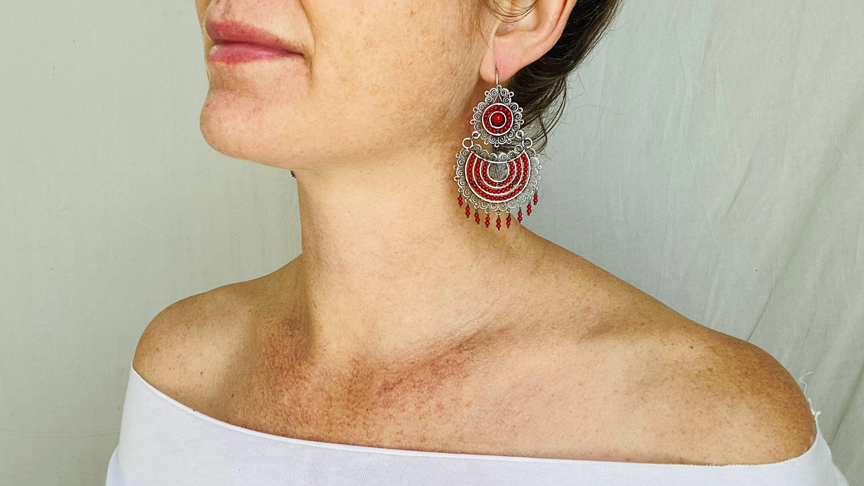 Oaxacan Filigree Earrings. Red Coral. Sterling Silver. Mexico. Frida Kahlo