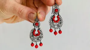 Oaxacan Filigree Earrings with Coral. Sterling Silver. Mexico. Frida Kahlo