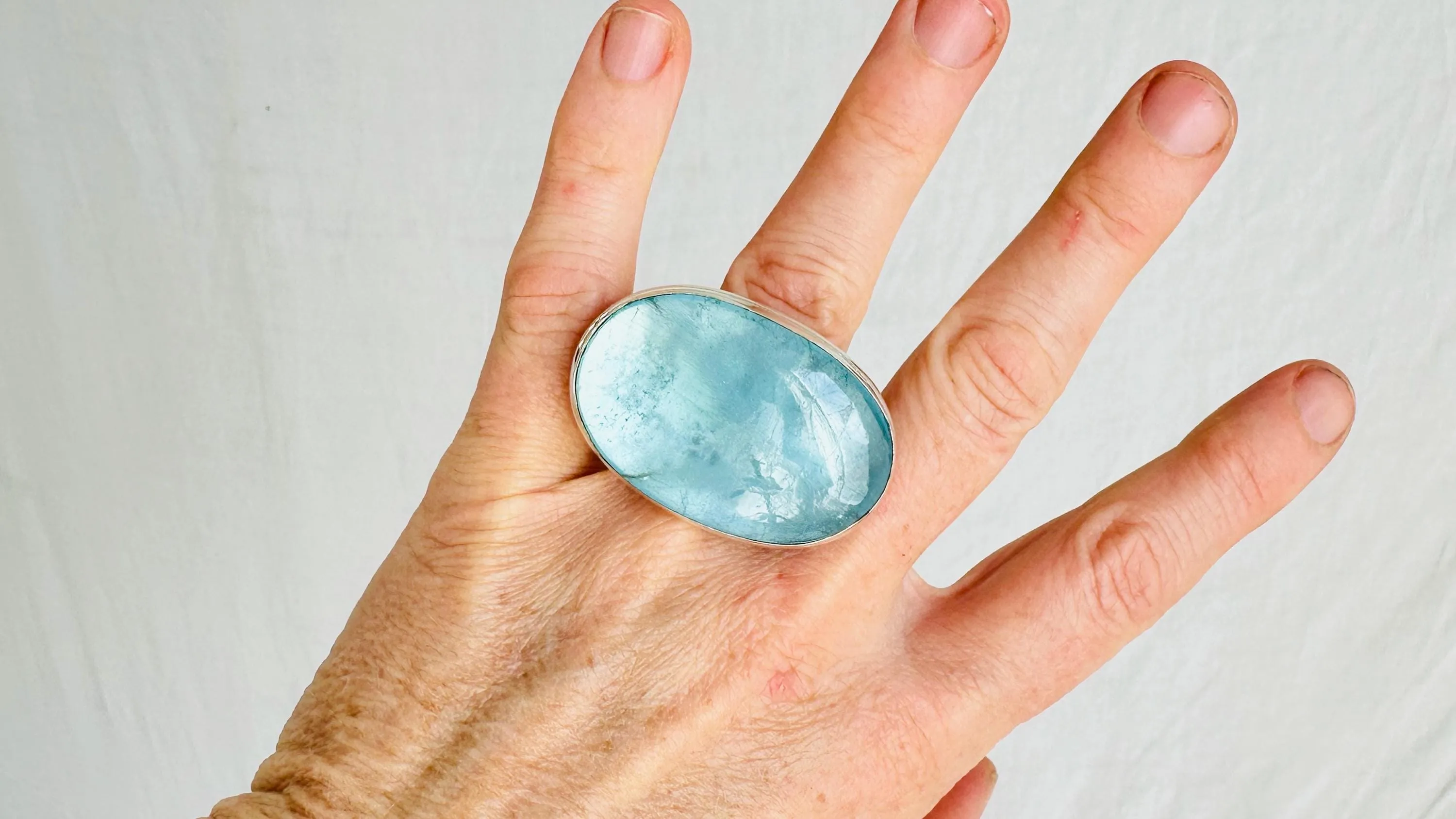 Oversized Aquamarine Cocktail Ring | Handmade Adjustable Sterling Silver | Unique Gemstone Jewelry.