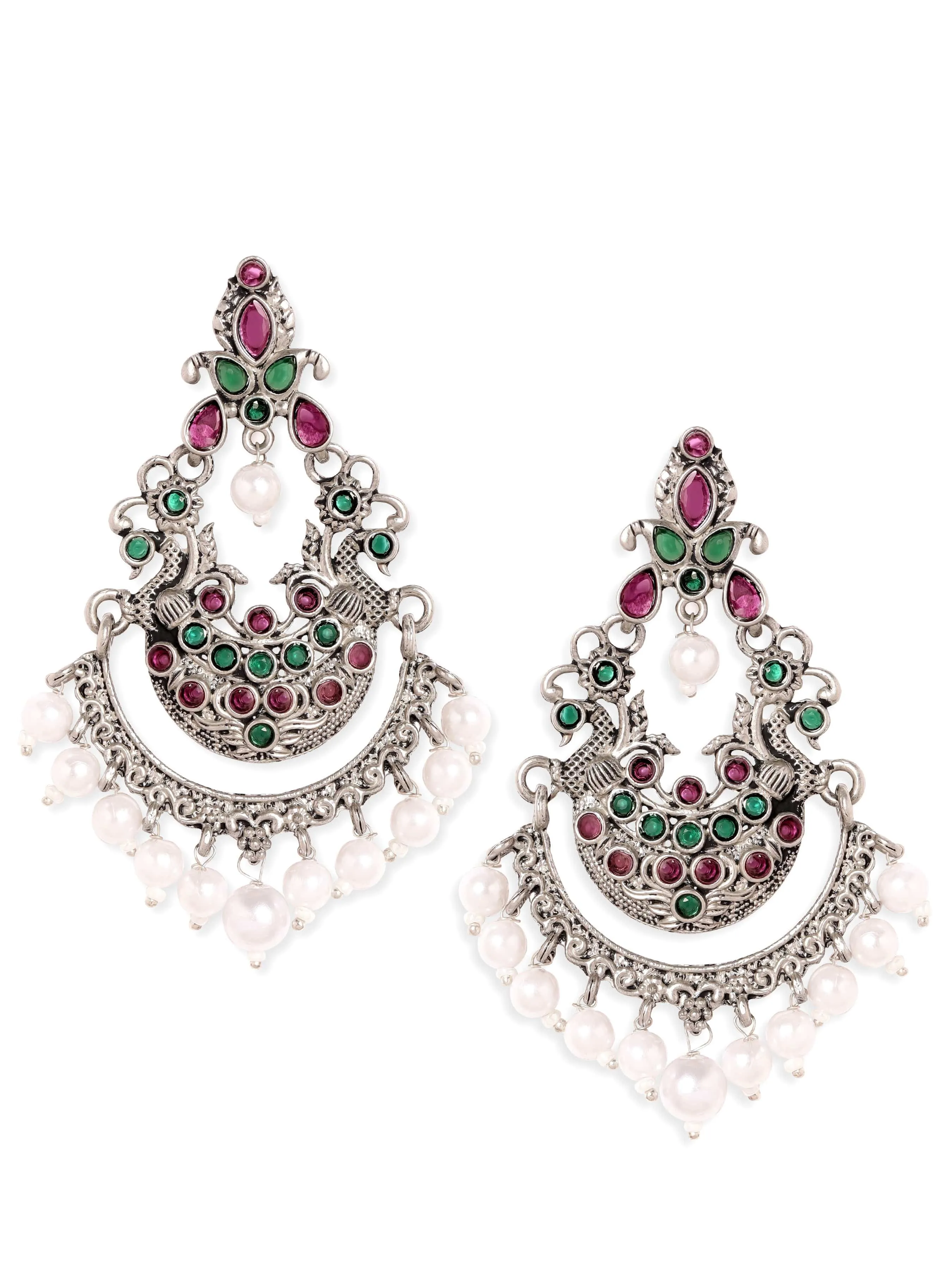 Oxidized silver plated Kemp crystal with pearl dangle chandbali Earrings