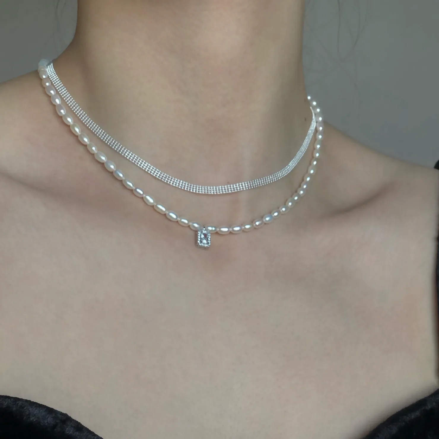Rice Pearl Chocker Cube Zircon
