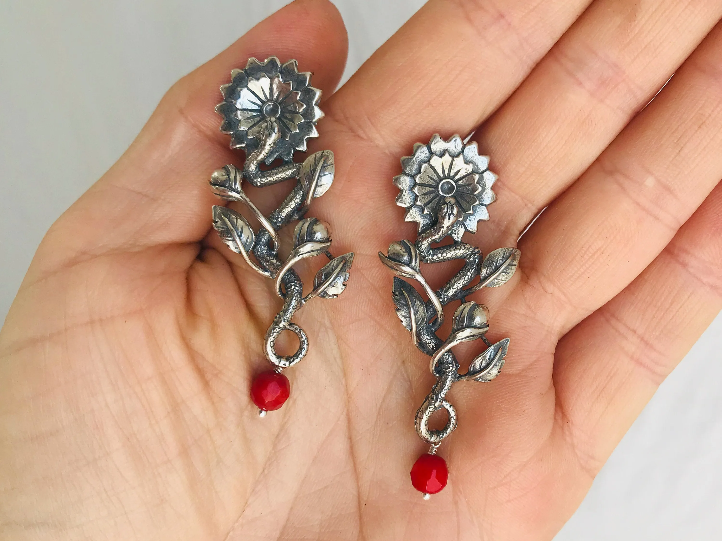 Serpent and Sunflower Hand Cast. Sterling Silver & Coral. Mexico. Frida Kahlo