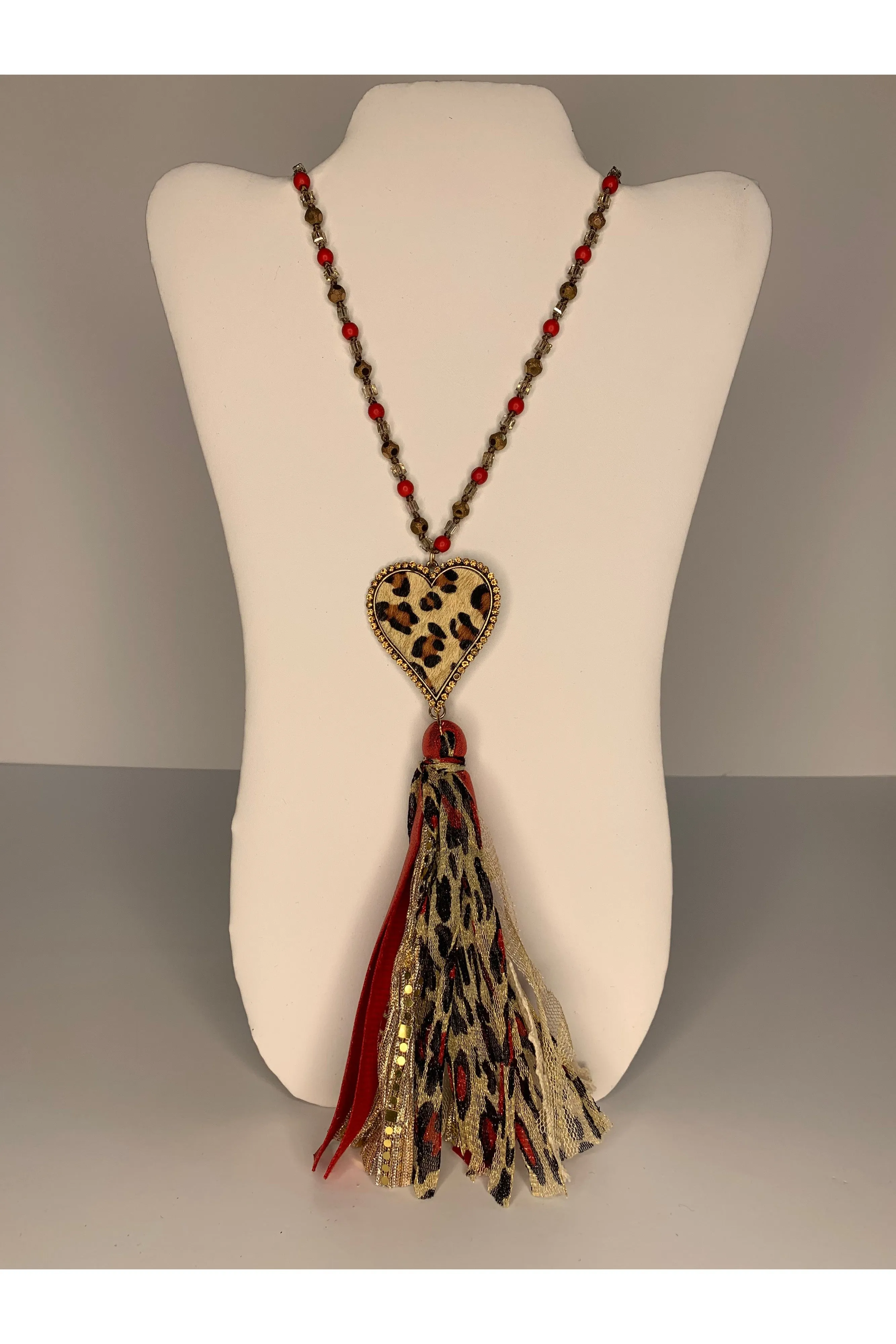 Sunshine & Rodeo Red And Gold Long Bead Necklace With Leopard Heart And Tassel