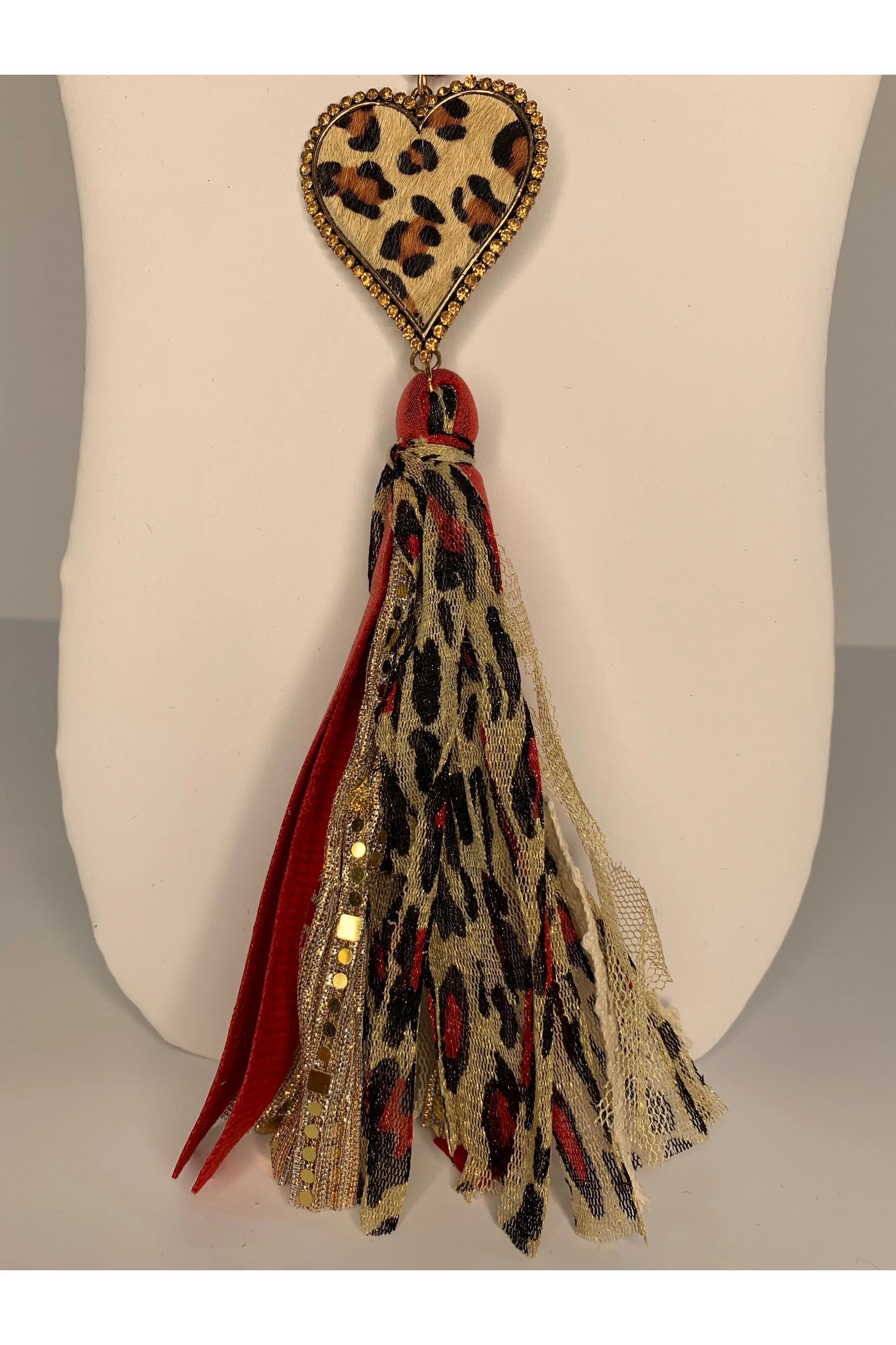 Sunshine & Rodeo Red And Gold Long Bead Necklace With Leopard Heart And Tassel