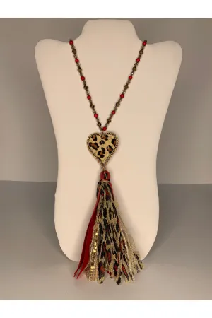 Sunshine & Rodeo Red And Gold Long Bead Necklace With Leopard Heart And Tassel
