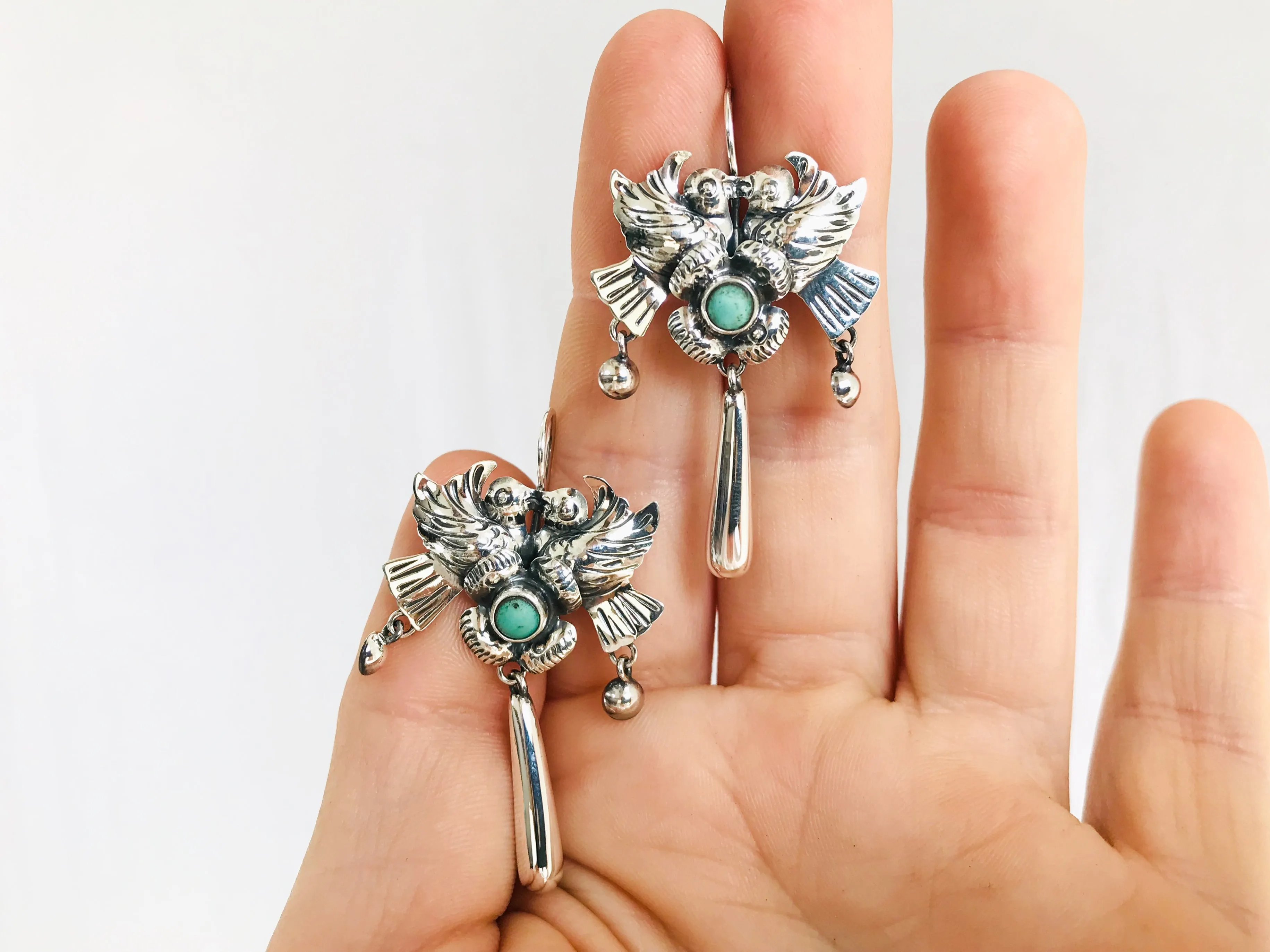 Taxco Filigree Earrings. Sterling Silver & Turquoise. Mexico. Frida Kahlo 2098