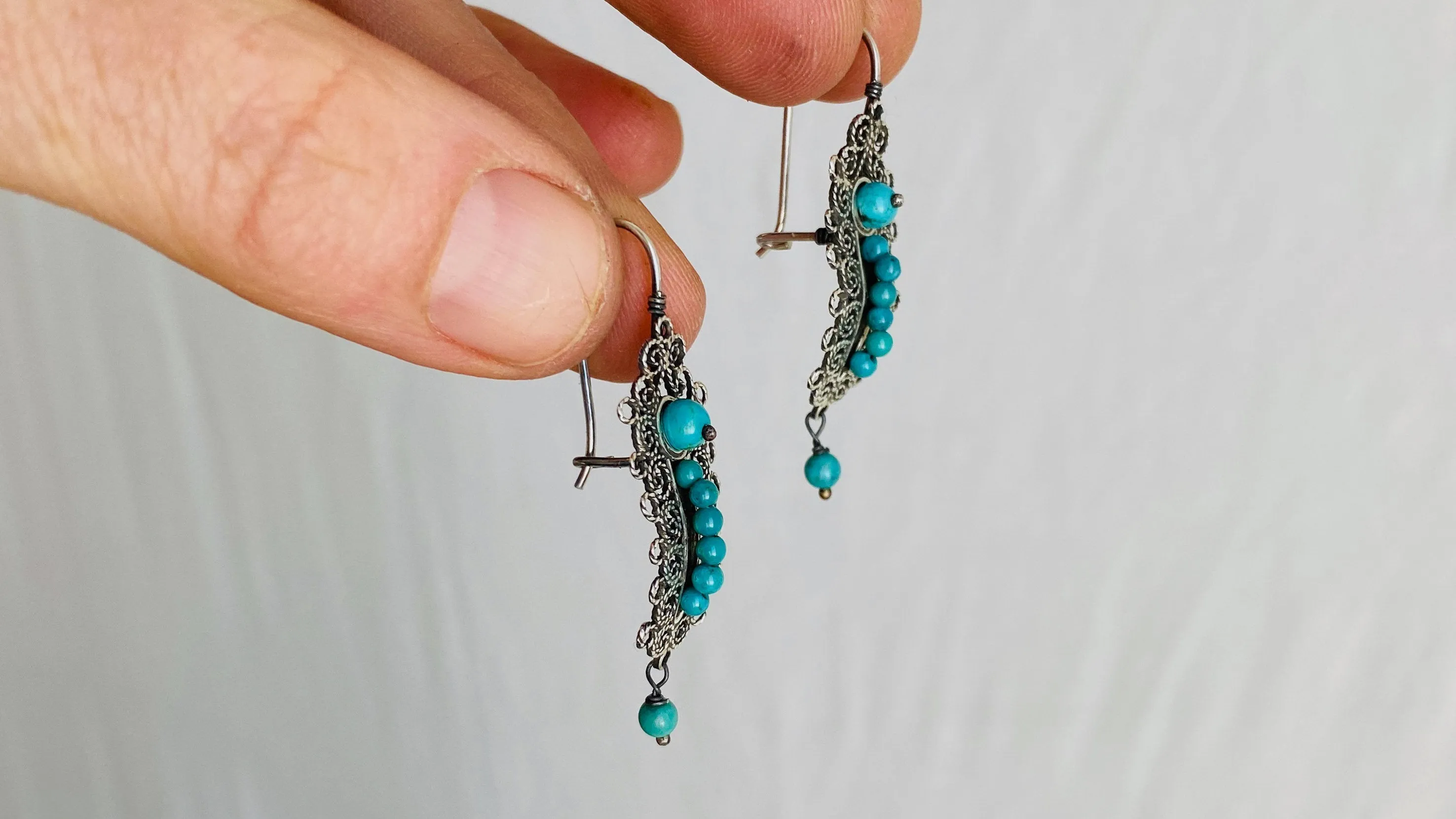 Vintage Oaxacan Filigree Earrings. Turquoise & Silver. Gusanos. Mexico. Frida Kahlo