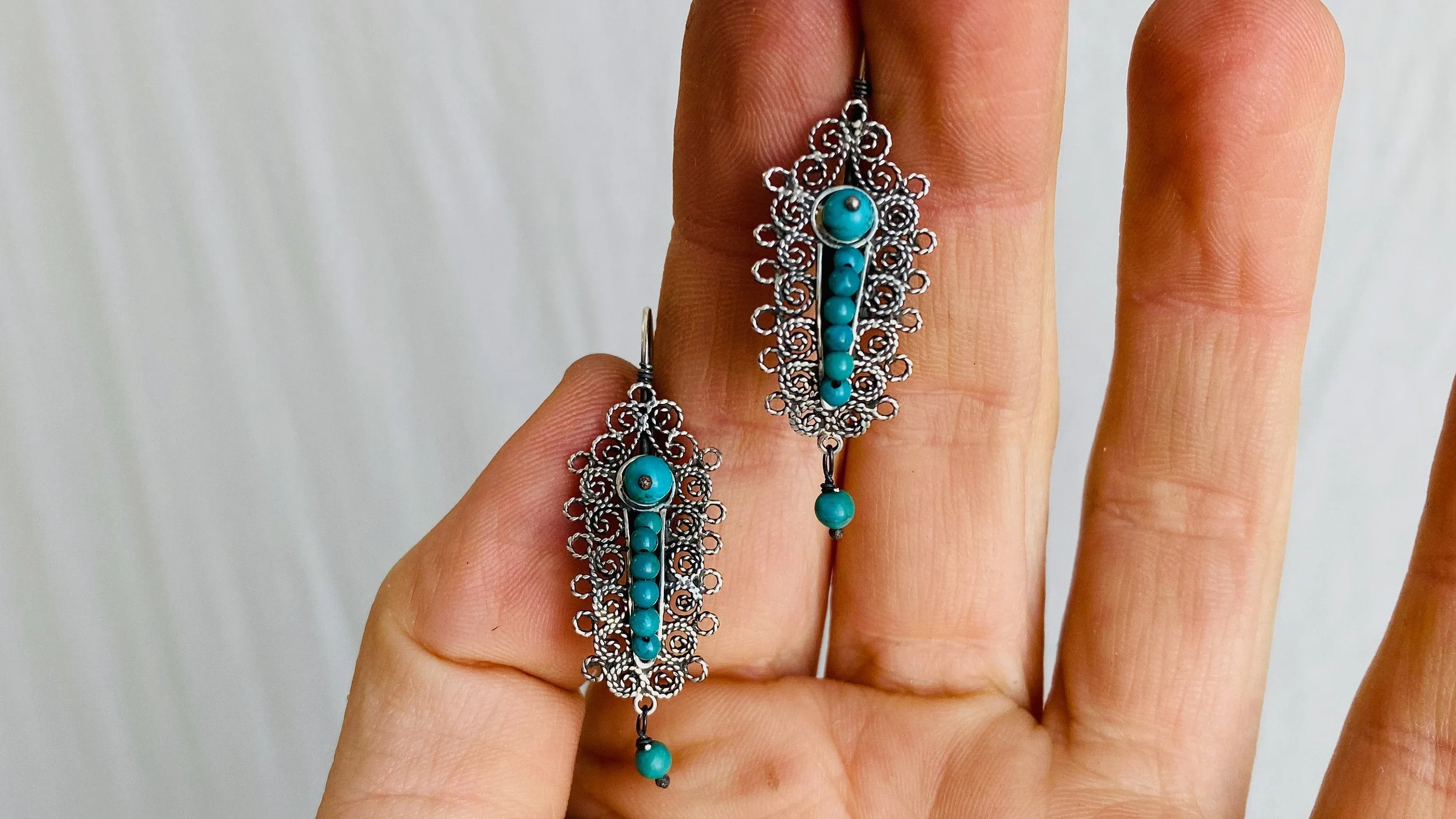 Vintage Oaxacan Filigree Earrings. Turquoise & Silver. Gusanos. Mexico. Frida Kahlo