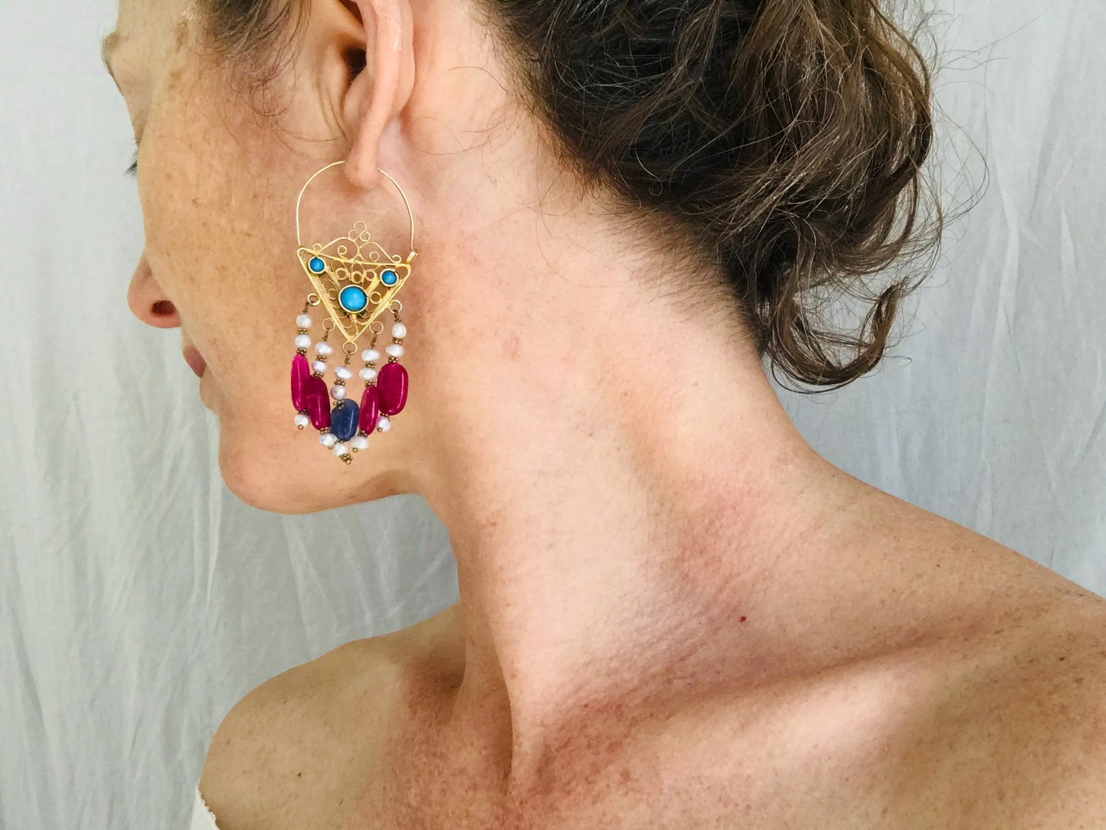 Vintage Uzbek Bukhara Vermeil Filigree Earrings. Pearls & Semi-Precious Stones. Romantic Beauties
