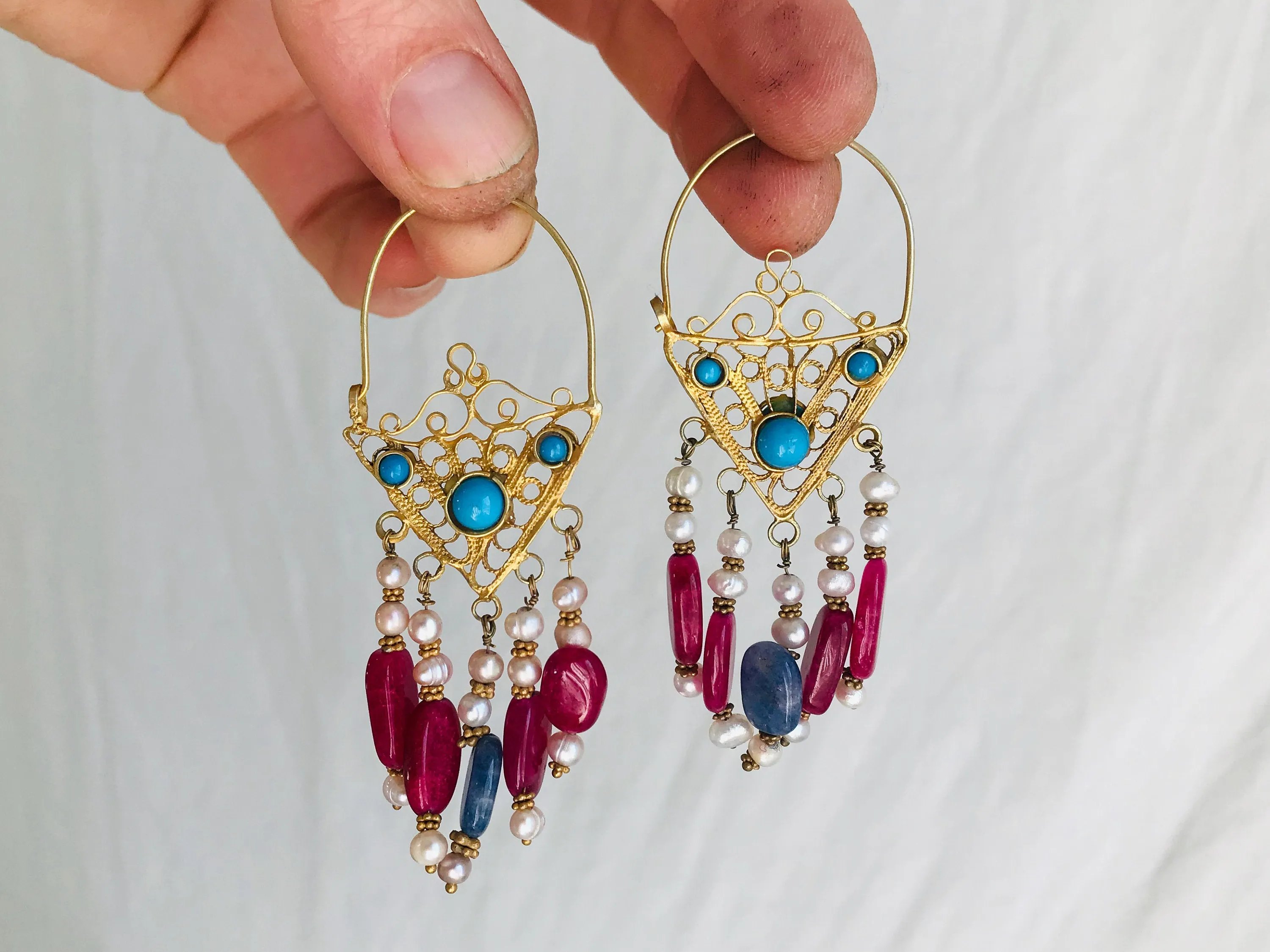 Vintage Uzbek Bukhara Vermeil Filigree Earrings. Pearls & Semi-Precious Stones. Romantic Beauties