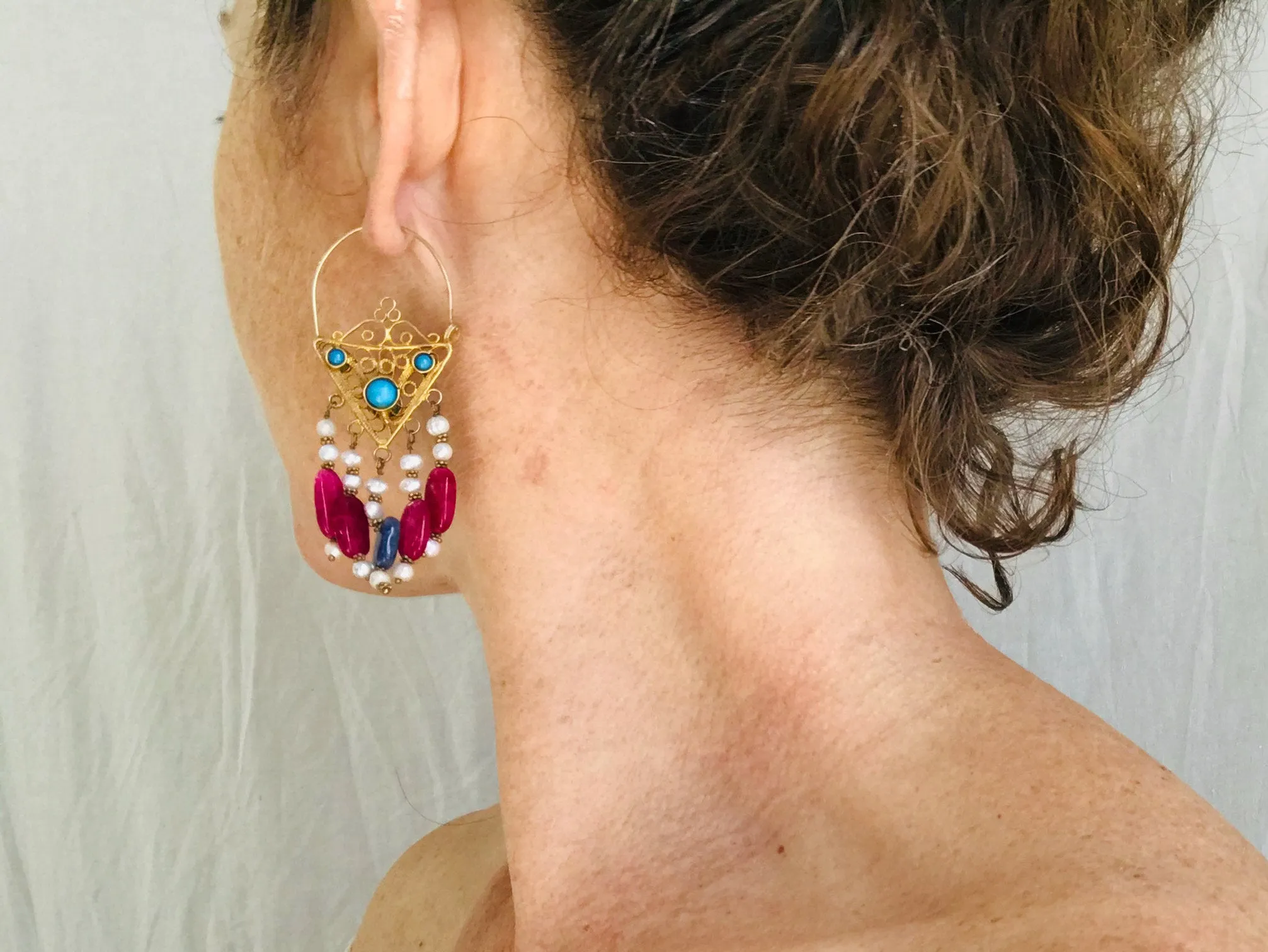 Vintage Uzbek Bukhara Vermeil Filigree Earrings. Pearls & Semi-Precious Stones. Romantic Beauties