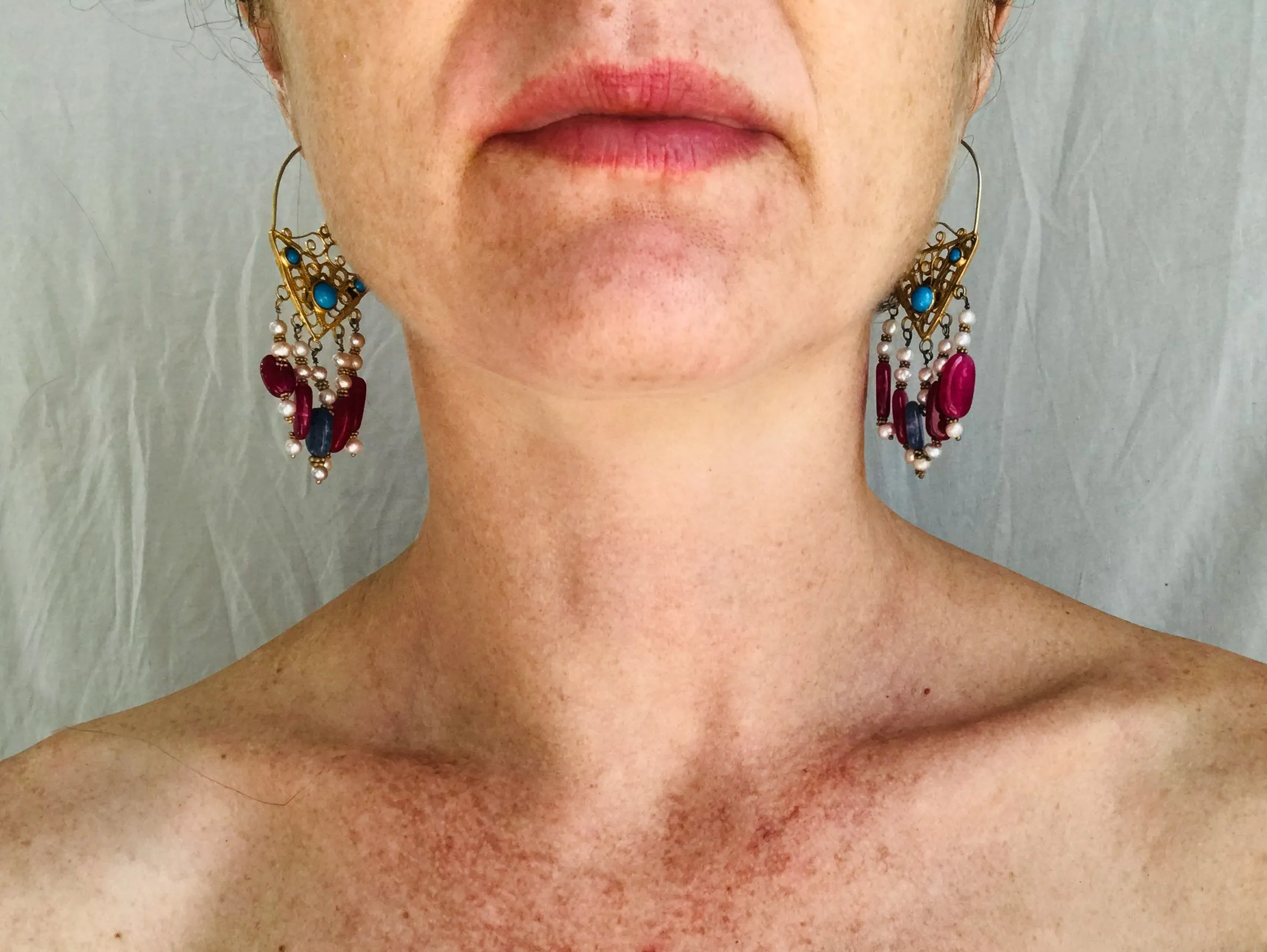 Vintage Uzbek Bukhara Vermeil Filigree Earrings. Pearls & Semi-Precious Stones. Romantic Beauties