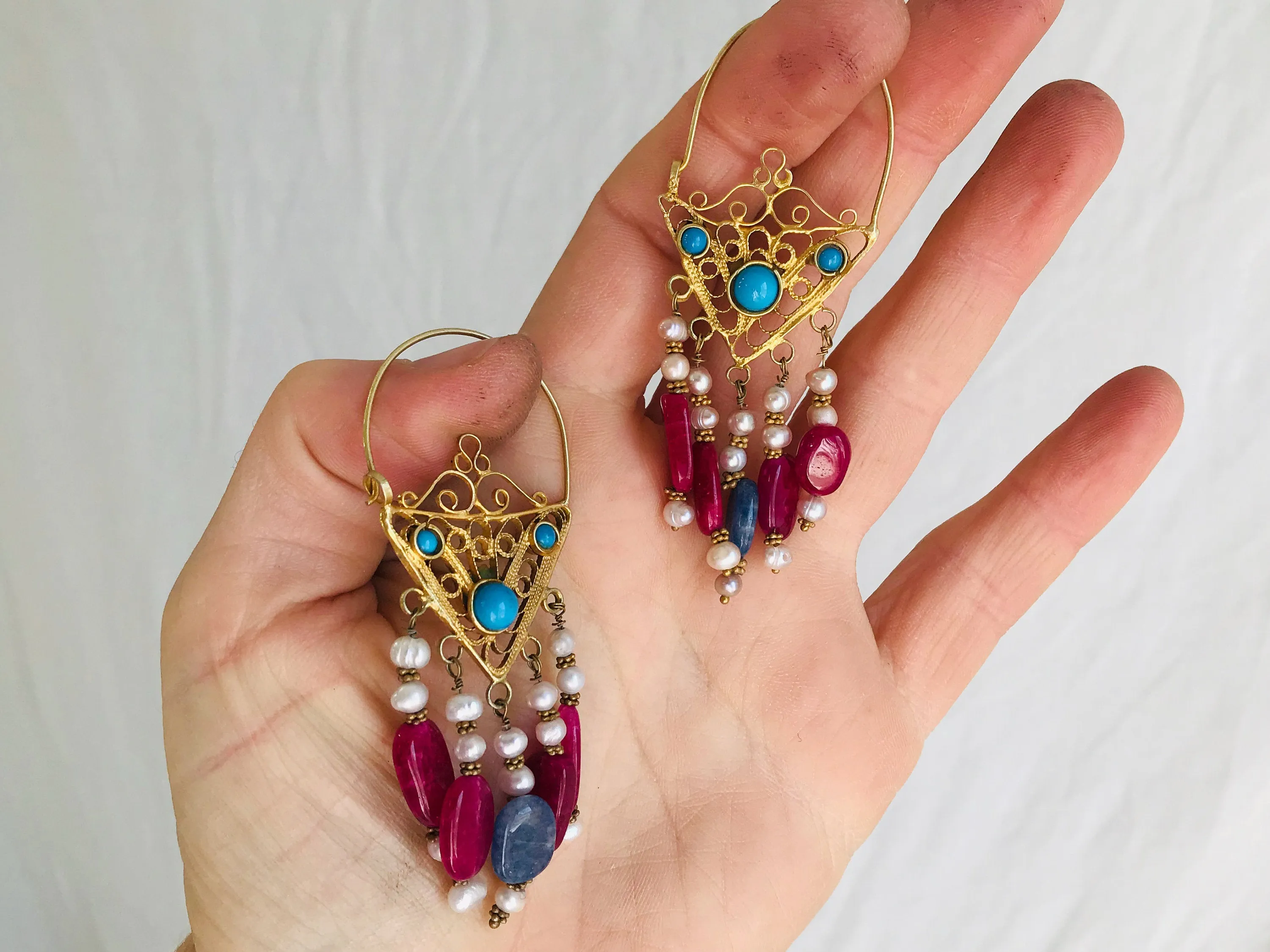 Vintage Uzbek Bukhara Vermeil Filigree Earrings. Pearls & Semi-Precious Stones. Romantic Beauties