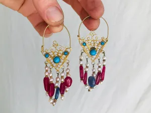 Vintage Uzbek Bukhara Vermeil Filigree Earrings. Pearls & Semi-Precious Stones. Romantic Beauties