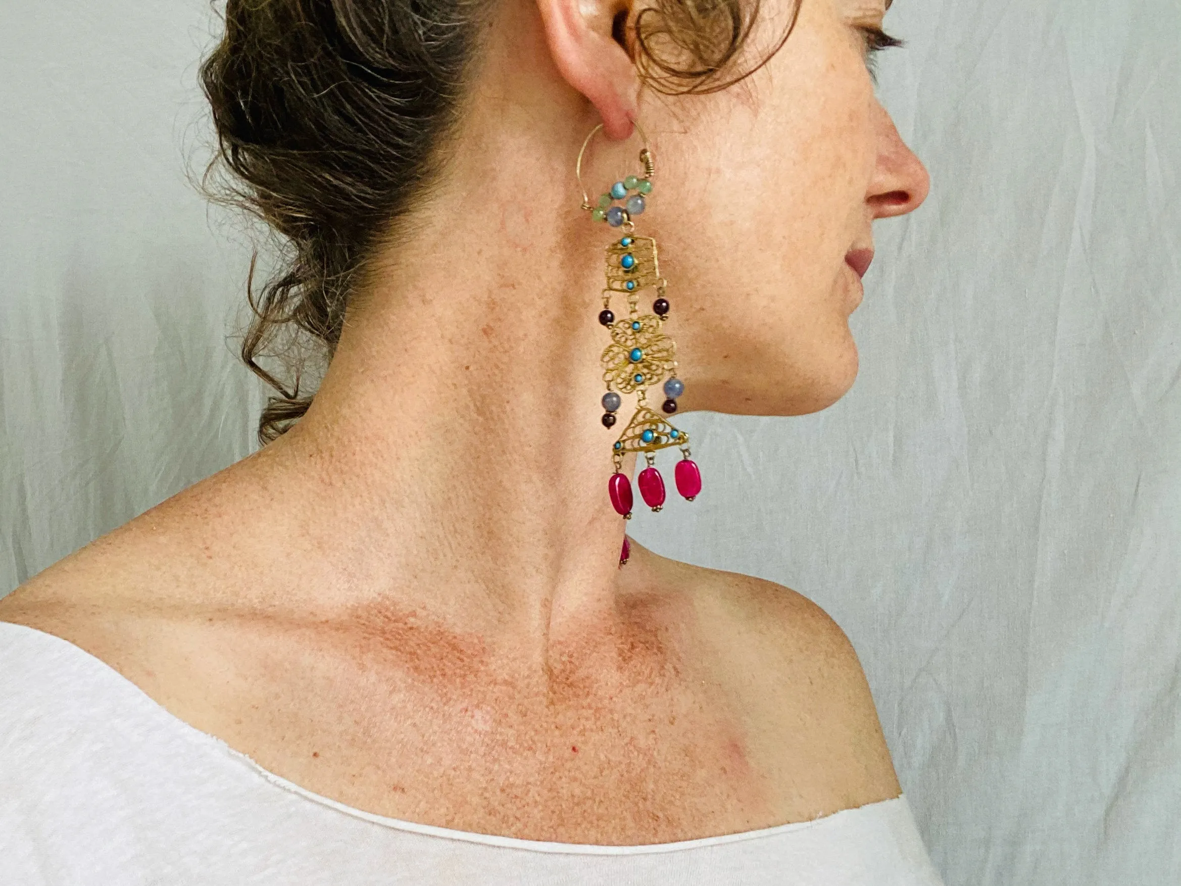 Vintage Uzbek Bukhara Vermeil Filigree Earrings. Semi-Precious Stones.