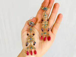 Vintage Uzbek Bukhara Vermeil Filigree Earrings. Semi-Precious Stones.